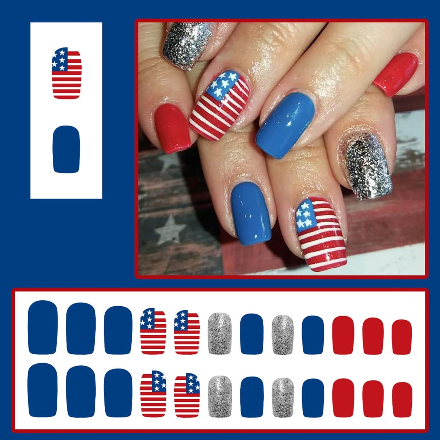 24pcs 4th of July Press on Nails Short Square American Flag Fake Nails with Designs Red Blue False Nails Silver Glitter Glue on Nails Independence Day Patriotic Full Cover Stick on Nails for Women