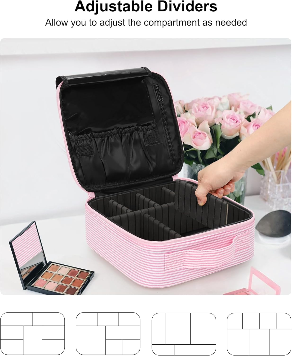 Relavel Portable Travel Makeup Case Organizer with Adjustable Dividers - Black Cosmetic Storage for Brushes, Toiletries & Jewelry