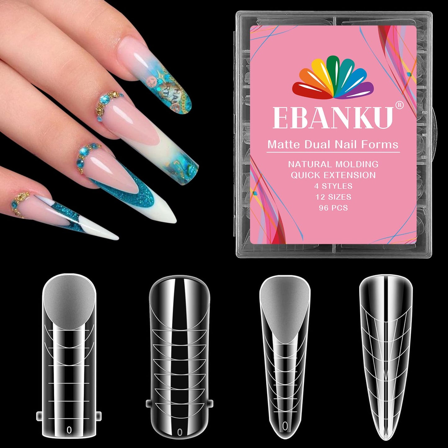 EBANKU 96PCS 4 Styles Dual Nail Forms for Polygel, Clear Matte Poly Gel Nail Forms Full Cover Nail Mold Tips 12 Sizes Scale for Poly Gel Nail Extension Salon Home DIY Manicure