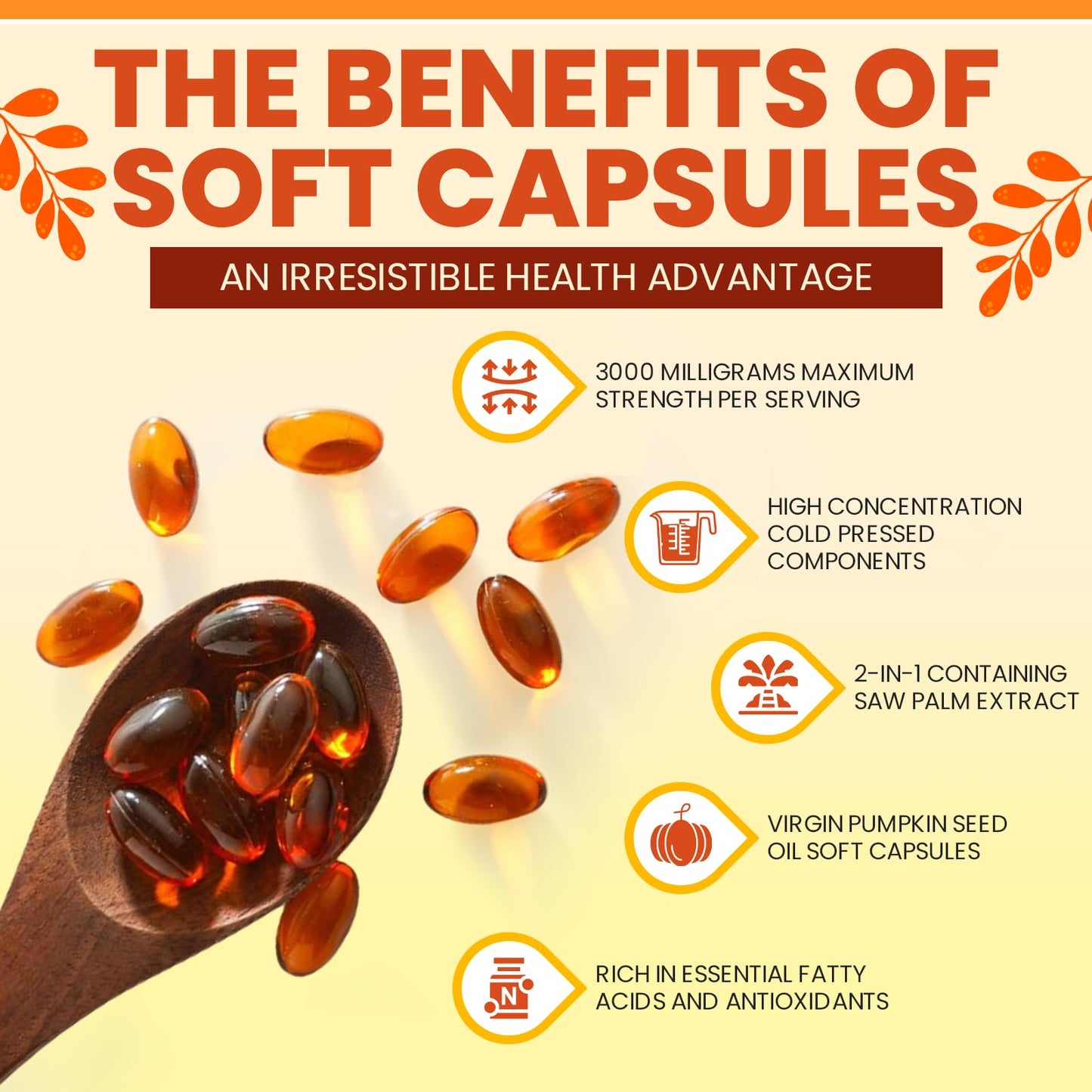 Pumpkin Seed Oil Capsules, Pumpkin Seed Oil With Saw Palmetto Supplement, 3000mg, Cold Pressed, Supports Hair Growth, Youthful Skin, Natural Source Of Fatty Acids - 300 Softgels (2)