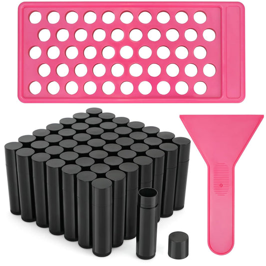 50 Pack Black Lip Balm Tubes with Filling Tray & Spatula - BPA Free, Leak Proof, DIY Handmade Set