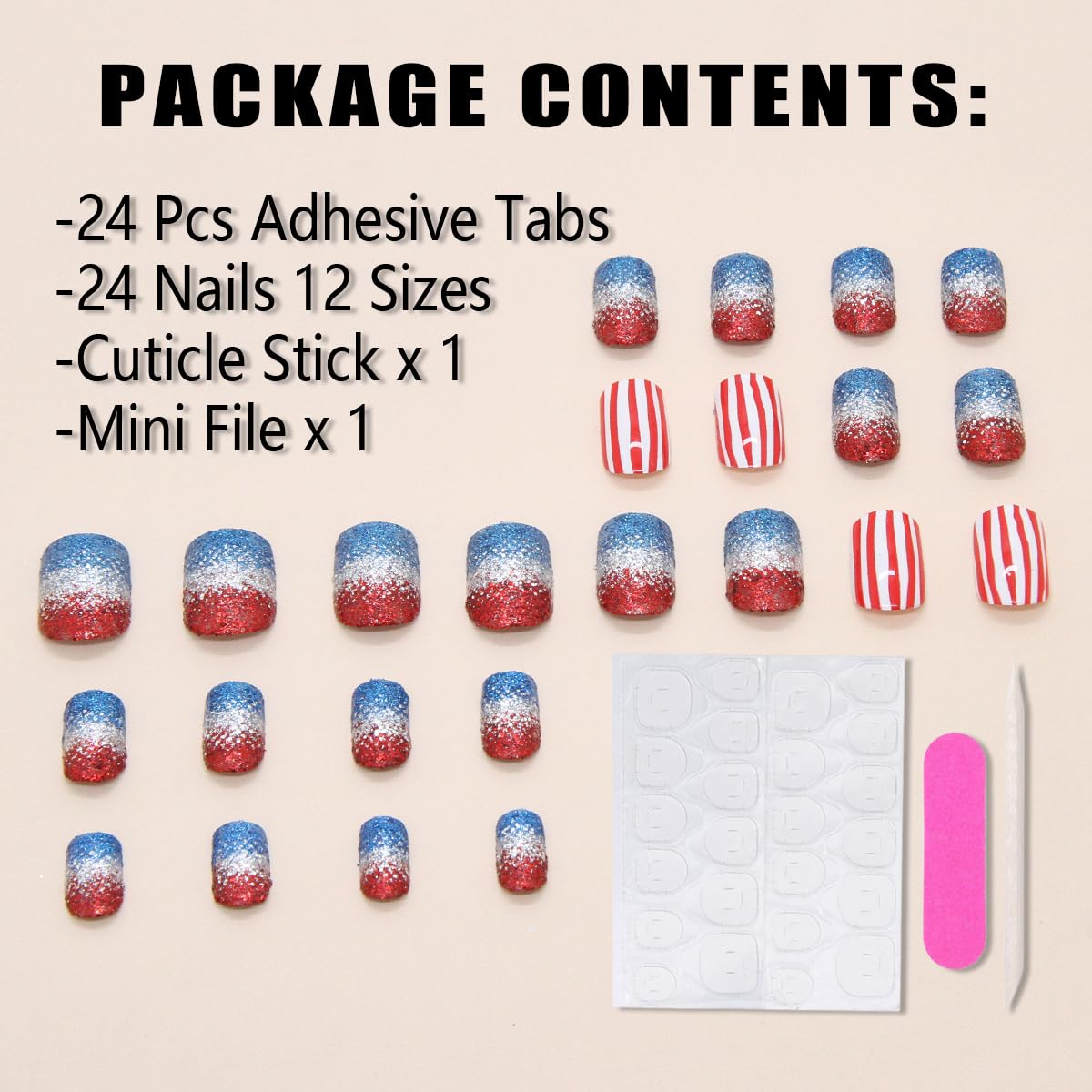 KTAABTR Independence Day Press on Nails Short Square Fake Nails Glue on Nails Full Cover Red Blue Glitter Glossy Acrylic Nails Design Reusable Red White Stripes 4th of July False Nails for Women