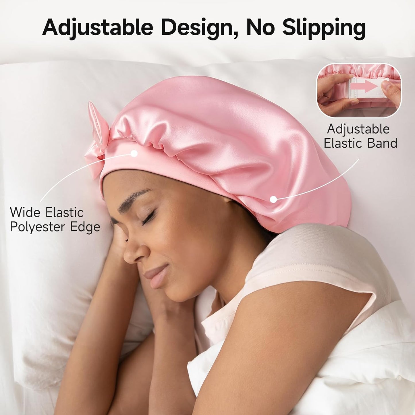 22 Momme Mulberry Silk Bonnet for Women - Double-Sided Non-Slip Sleep Cap for Long Curly Hair, Adjustable Band, Ebony