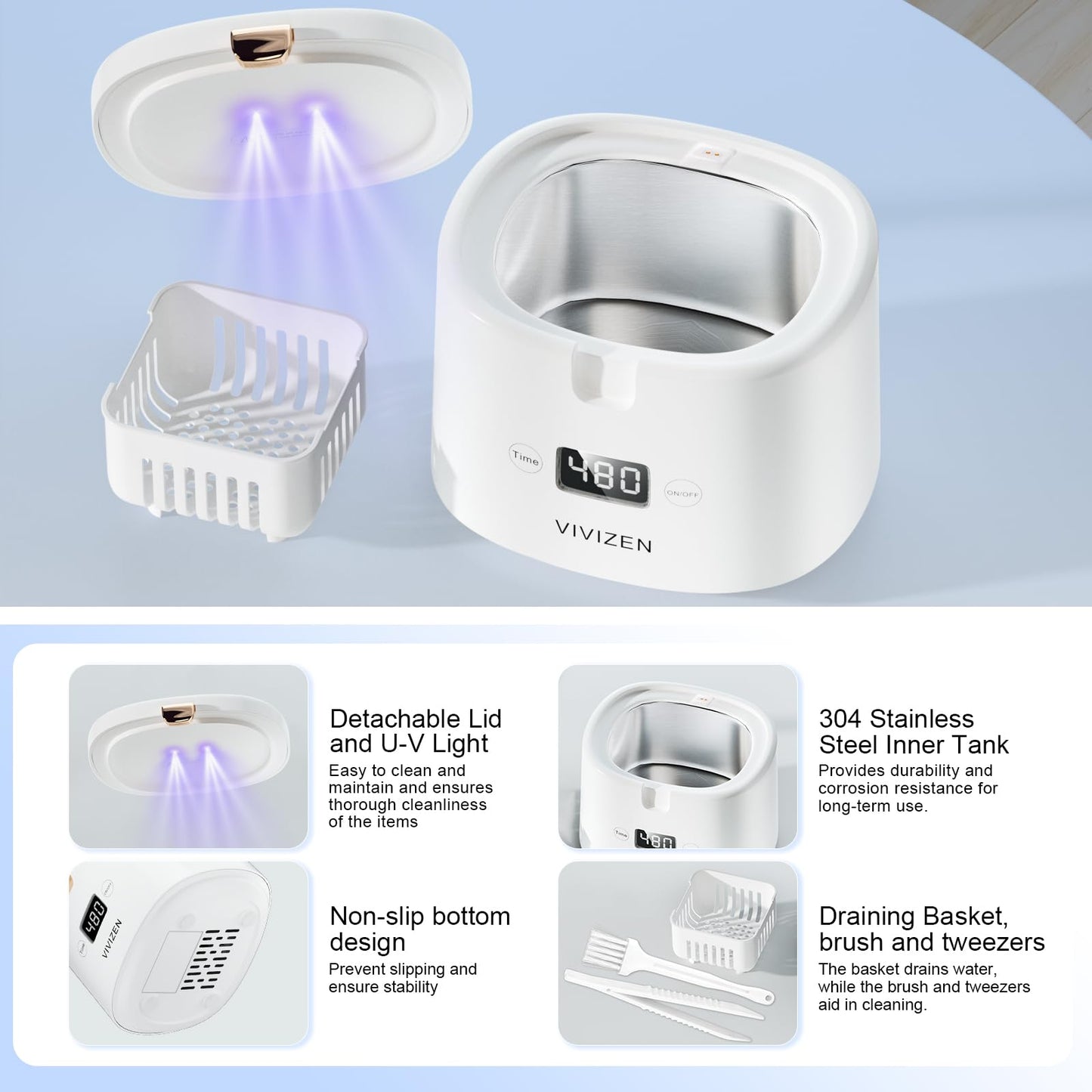 Ultrasonic Retainer Cleaner, Sonic Dental Cleaning Pod, Portable 30W/45kHz Machine for Dentures, Aligners, Braces, Mouth Guards, Jewelry (White)