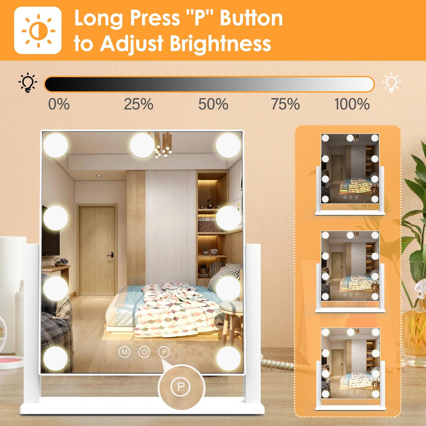 Vanity Mirror with Lights, Hollywood Lighted Makeup Mirror with 3 Color Lighting Modes and 9 Dimmable Bulbs, Detachable 5X Magnification, Smart Touch Control, 360°Rotation, White