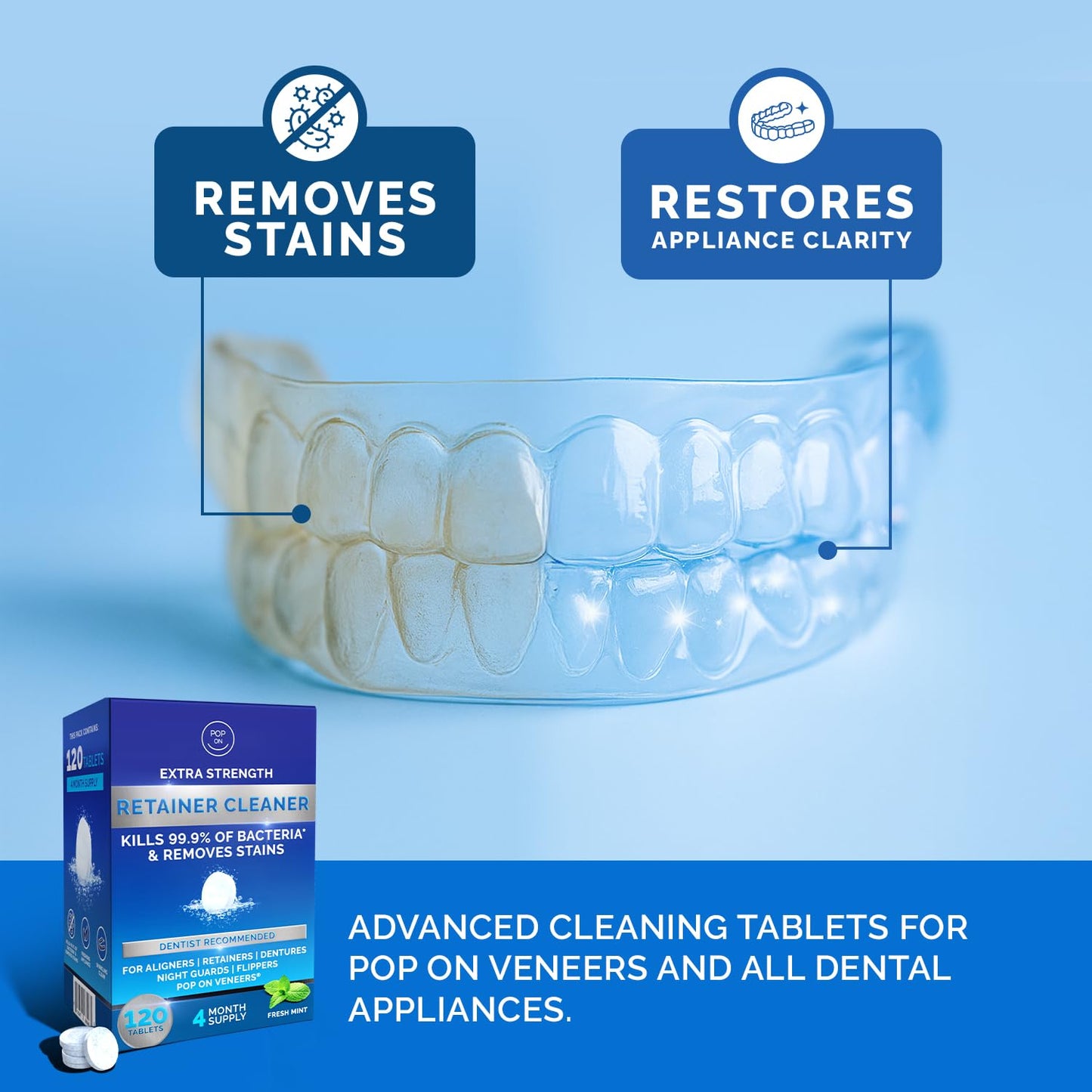 Retainer Cleaner Tablets for Invisalign FSA HSA Approved for Ultrasonic Cleaners -120 Denture Cleaning Tablets for Aligners, Night Guard, Mouth Guard - Denture Cleaner Tablets 4-Month Supply