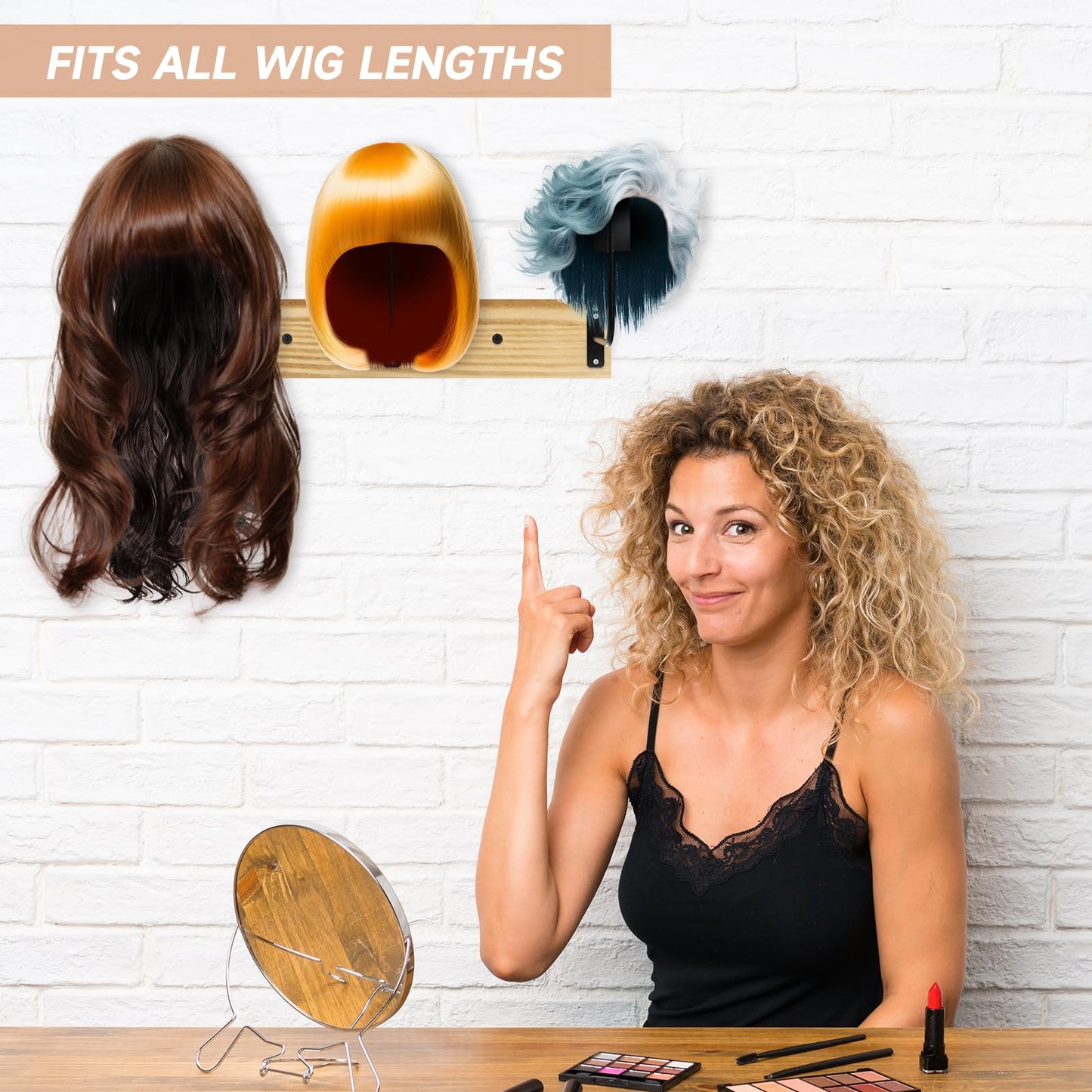 Yumkfoi Hanging Wig Stand for Multiple Wigs, 6 PCS Wall Mounted Wig Hanger Holder, Durable Wig Storage Organizer Rack for Display, Storage, Styling, Drying (Carbon Steel and Wood)
