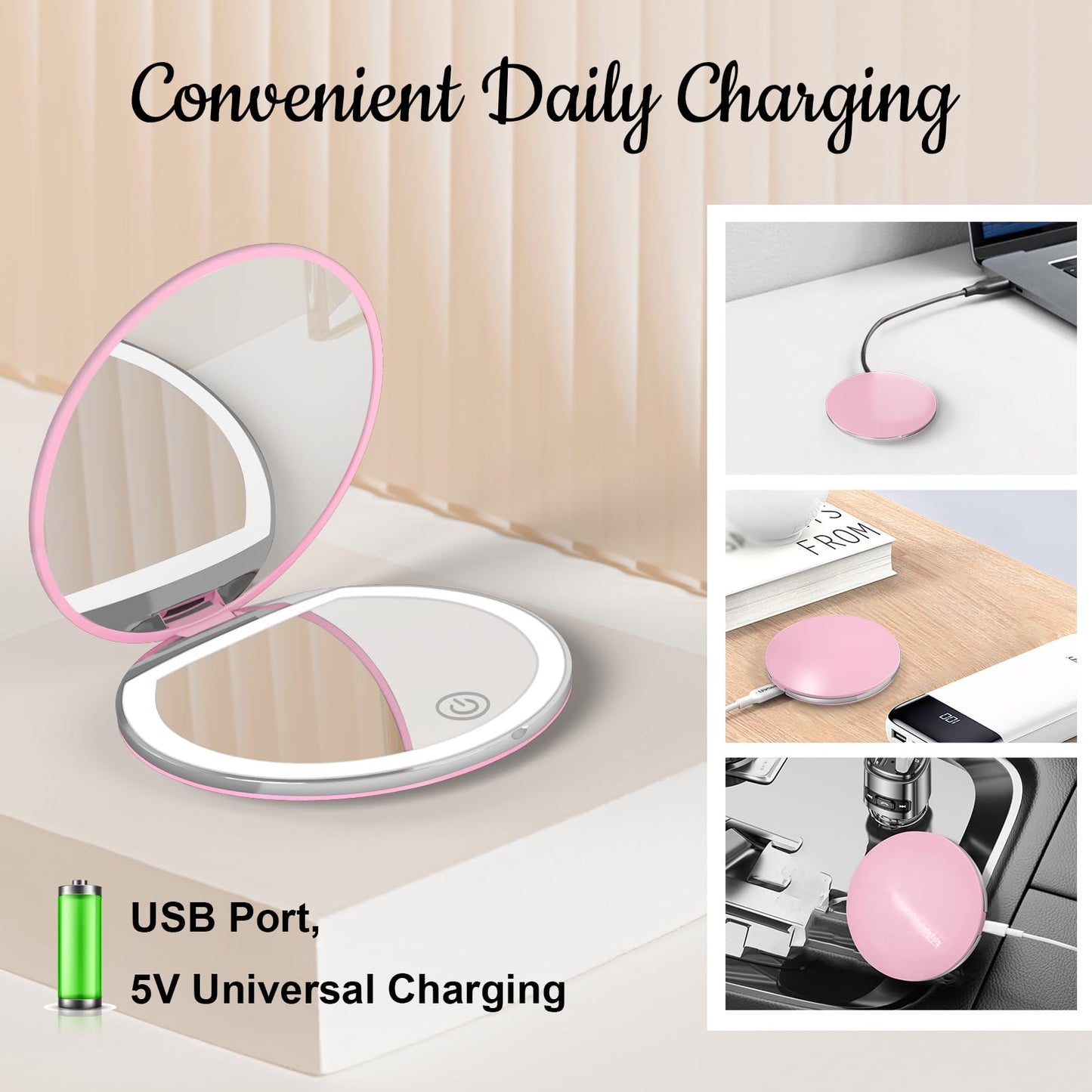 Kakuje Compact Mirror with Light, 1X/3X Magnification LED Pocket Mirror with USB Data Cable,Mini Mirror for Purse, Pocket,Travel and Present (Pink)