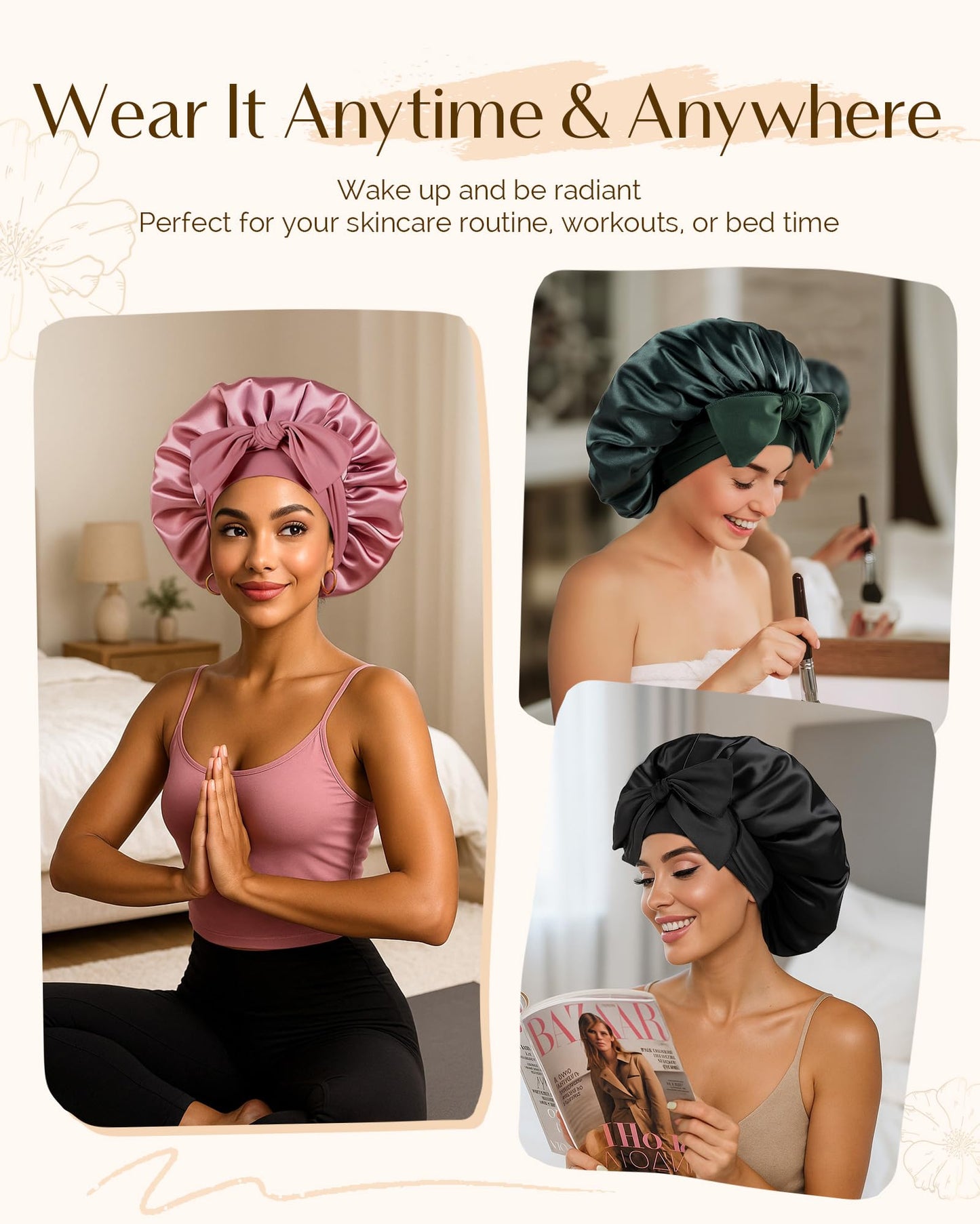 YANIBEST Satin Silk Bonnet for Sleeping Women, Double Layer Hair Bonnet with Elastic Tie Band for Curly Natural Hair, Beanpaste Pink