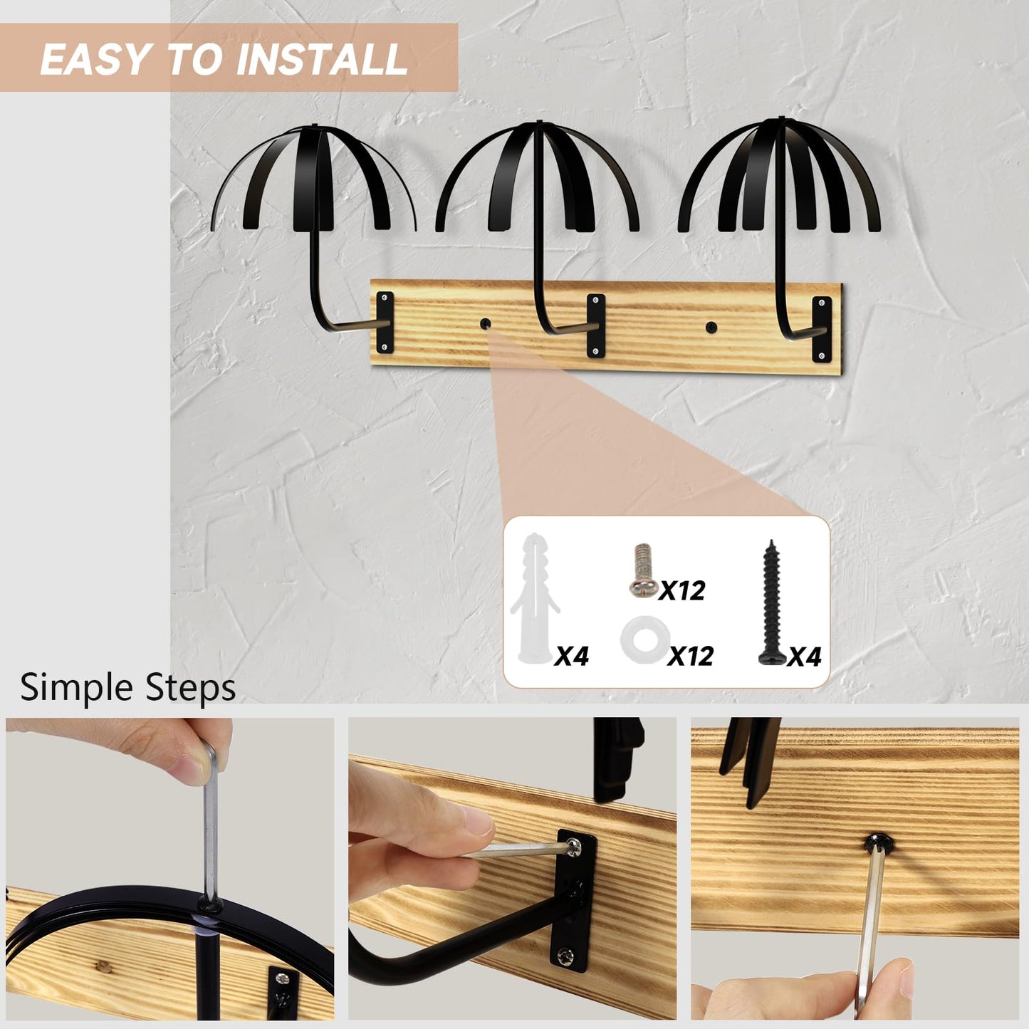 Yumkfoi Hanging Wig Stand for Multiple Wigs, 6 PCS Wall Mounted Wig Hanger Holder, Durable Wig Storage Organizer Rack for Display, Storage, Styling, Drying (Carbon Steel and Wood)