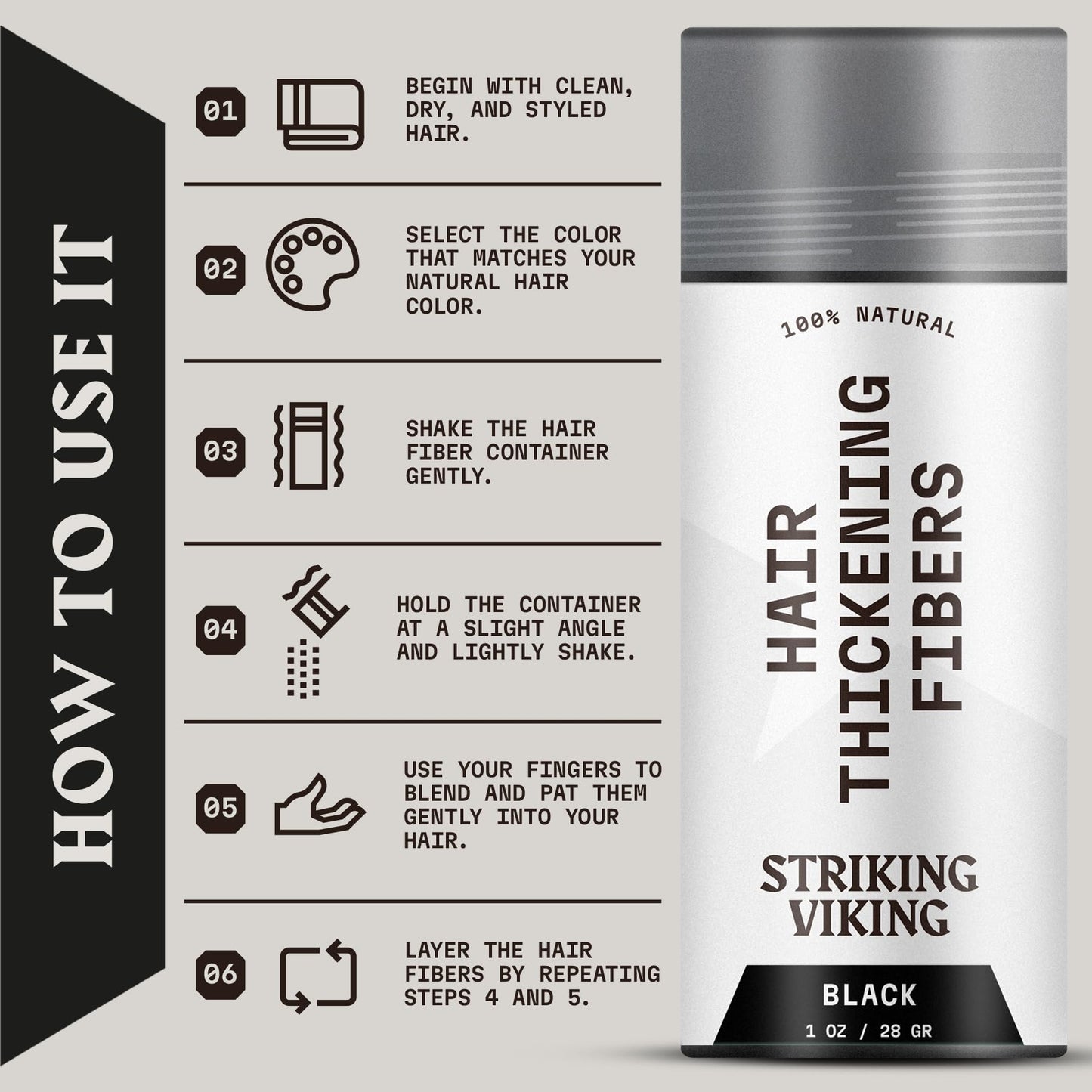 Striking Viking Hair Building Fibers for Thinning Hair (Black) 28g – Natural – Long-Lasting Powder for Undetectable, Thicker Look for Men & Women - Hair Fibers