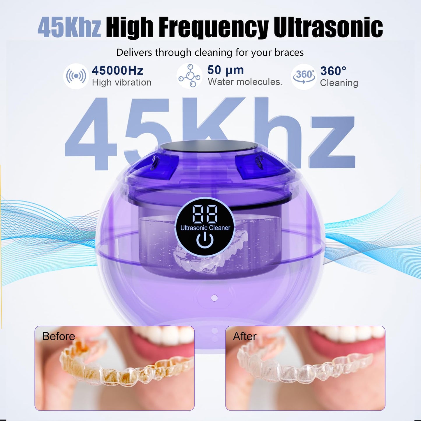 Retainer Cleaner Machine 45kHz Ultrasonic Dental Retainer Cleaner with 3 Modes and Digital Timer Mouth Guard for Retainer Clean, Denture Clean, Night Guard, Braces, Aligner, Jewelry 200ML