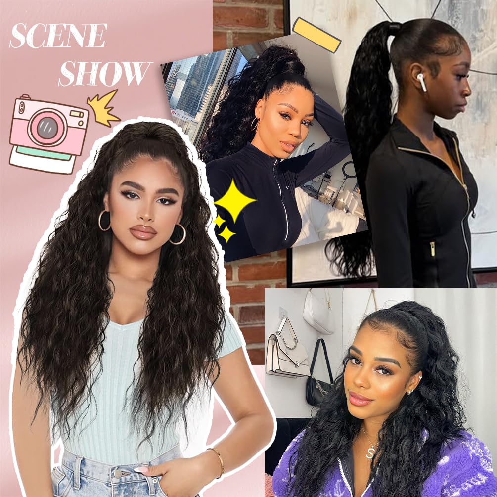 tonebesift Long Corn Wave Ponytail Extension 22inch Clip in Curly Wavy Pony Tail Wrap Around Hairpieces for Women(Black Brown #2)