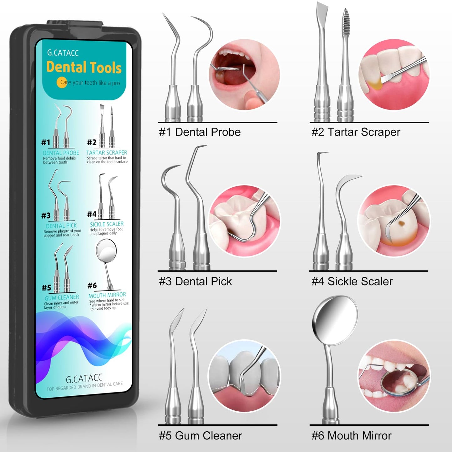 CATACC PRO Dental Tools, Dental Pick for Teeth Cleaning, Stainless Steel Hygiene Kit with Tooth Scraper Plaque Tartar Remover - with Case