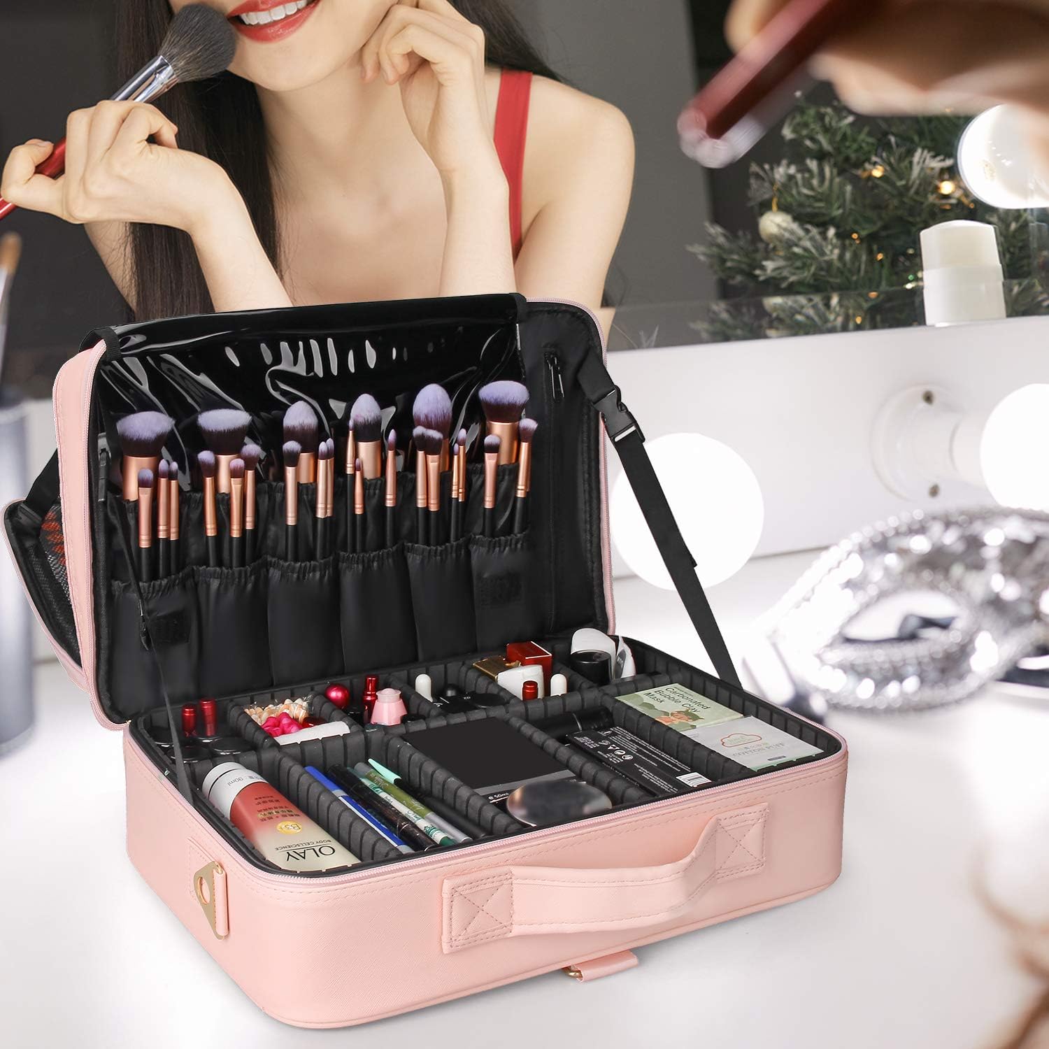 Relavel Portable Travel Makeup Case Organizer with Adjustable Dividers - Black Cosmetic Storage for Brushes, Toiletries & Jewelry