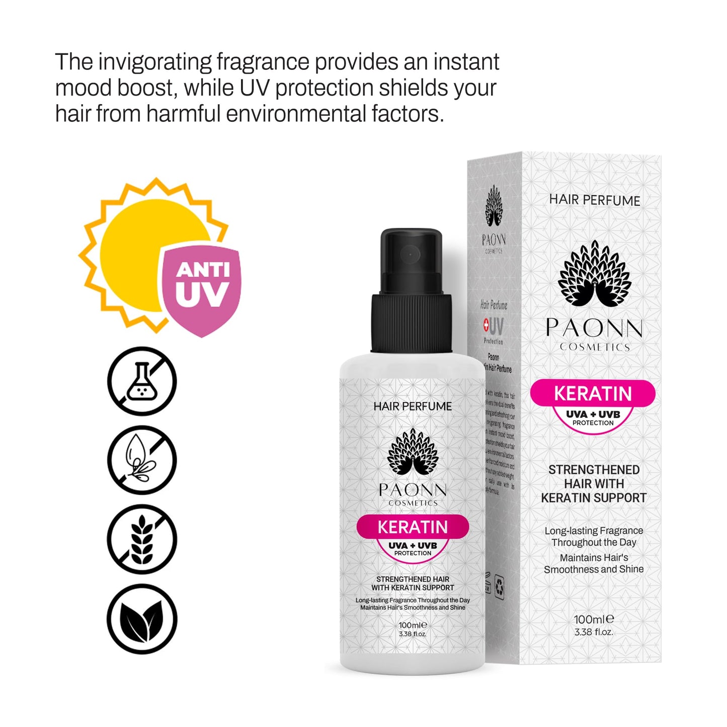 PAONN Keratin Hair Perfume, Keratin-Enriched Mist, UVA & UVB Protection Fragrance, Long-Lasting Scent, Hair Care Smoothness & Shine