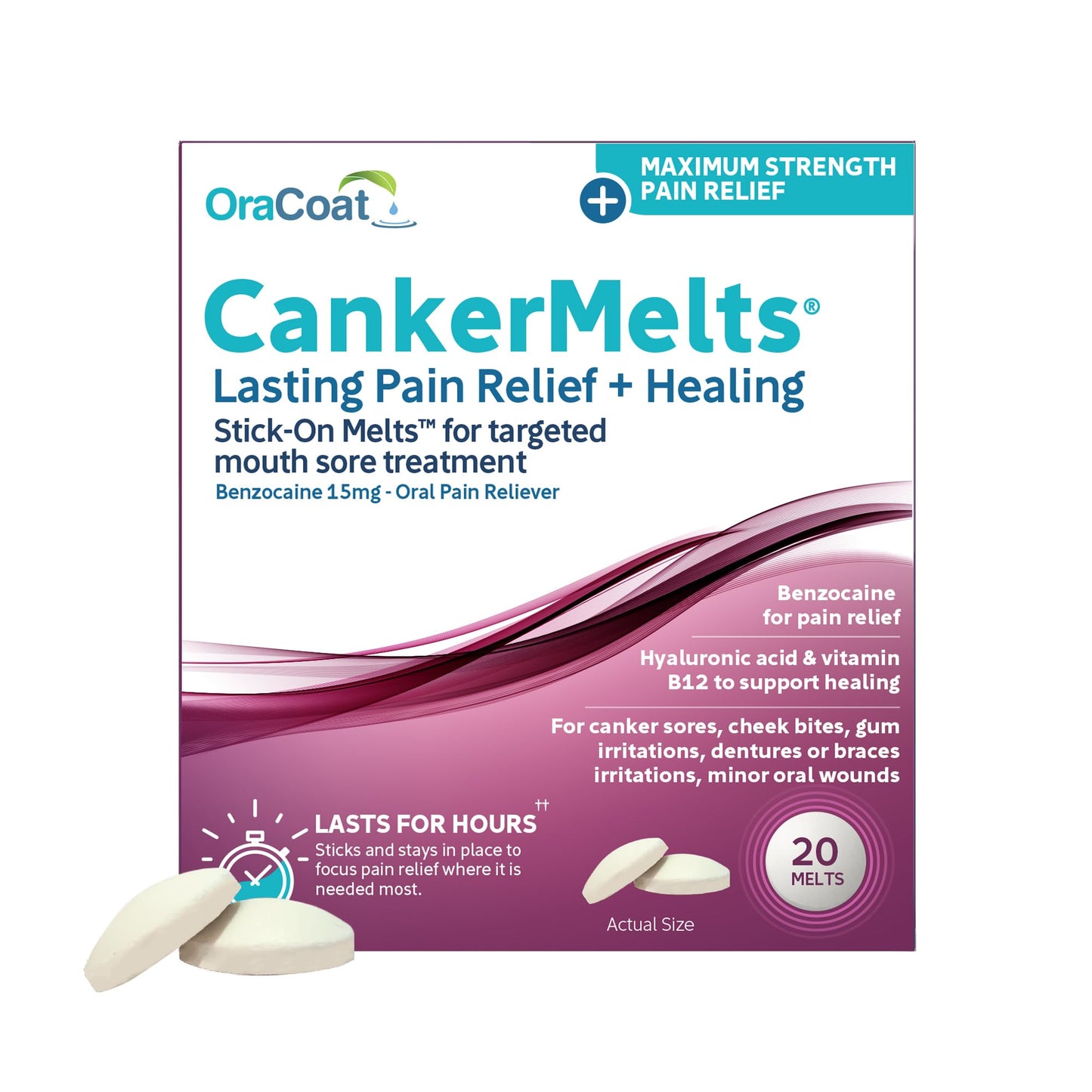 Oracoat CankerMelts Canker Sore Treatment - Stick-On Pain Relief Melts for Fast Acting Relief Inside Mouth with Benzocaine, Hyaluronic Acid & Vitamin B12, Pack of 20