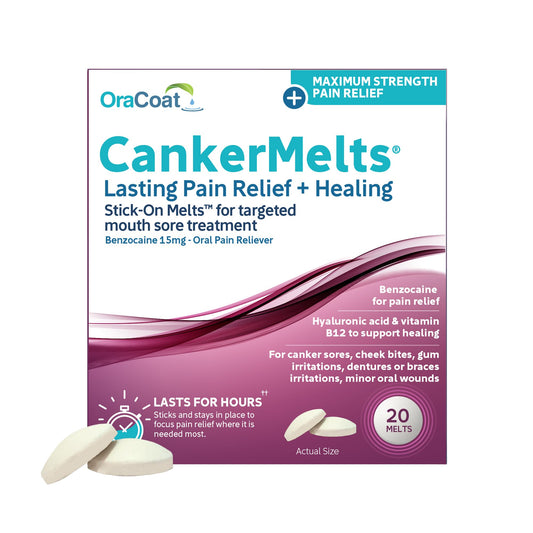 Oracoat CankerMelts Canker Sore Treatment - Stick-On Pain Relief Melts for Fast Acting Relief Inside Mouth with Benzocaine, Hyaluronic Acid & Vitamin B12, Pack of 20