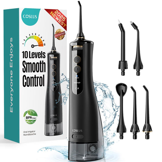COSLUS Portable Water Flosser for Teeth: 10 Pressure Settings Professional Water Dental Pick for Orthodontic, Braces & Sensitive Gums - Cordless for Travel Use, for Adults Teens, BPA-Free, W40(WFP14)