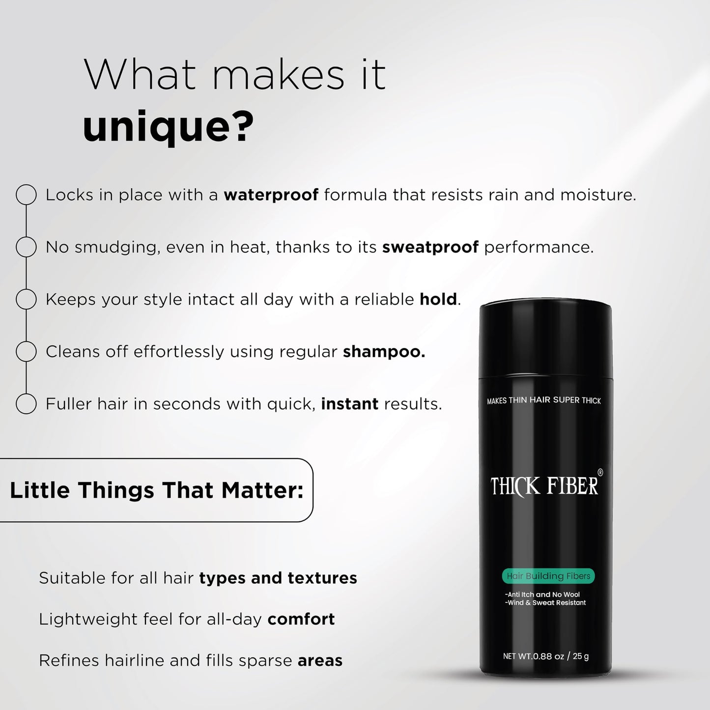 THICK FIBER Hair Fibers for Thinning Hair & Bald spots (BLACK) - 25g Bottle - Conceals Hair Loss in Seconds - Hair Powder for Women & Men