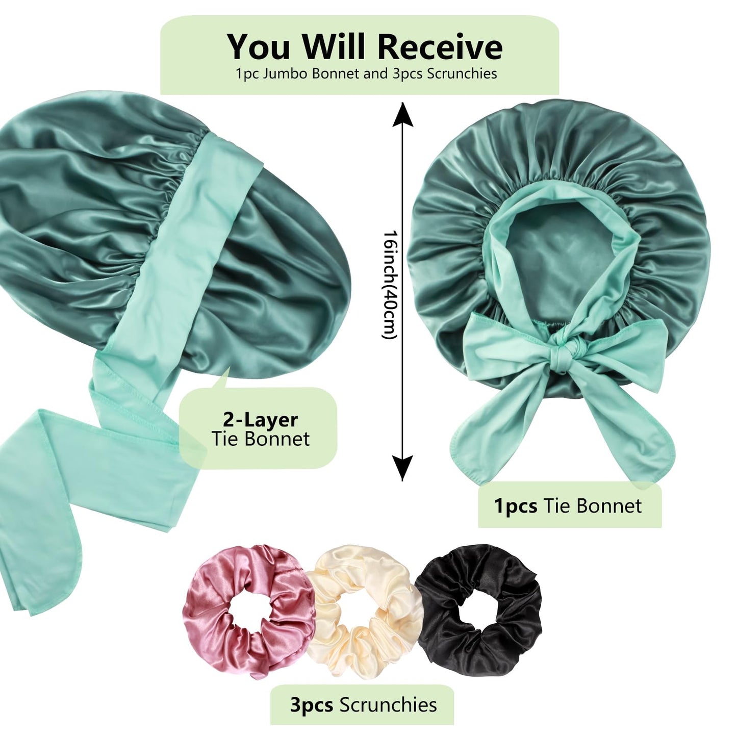 1+3 Large Satin Bonnets with Scrunchies for Women, Double Layer Hair Bonnet Tie Bonnet for Sleeping Braids Curly Hair, C