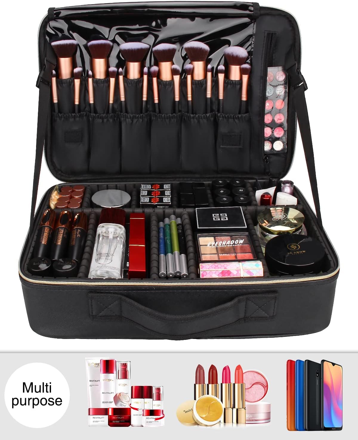 Relavel Portable Travel Makeup Case Organizer with Adjustable Dividers - Black Cosmetic Storage for Brushes, Toiletries & Jewelry