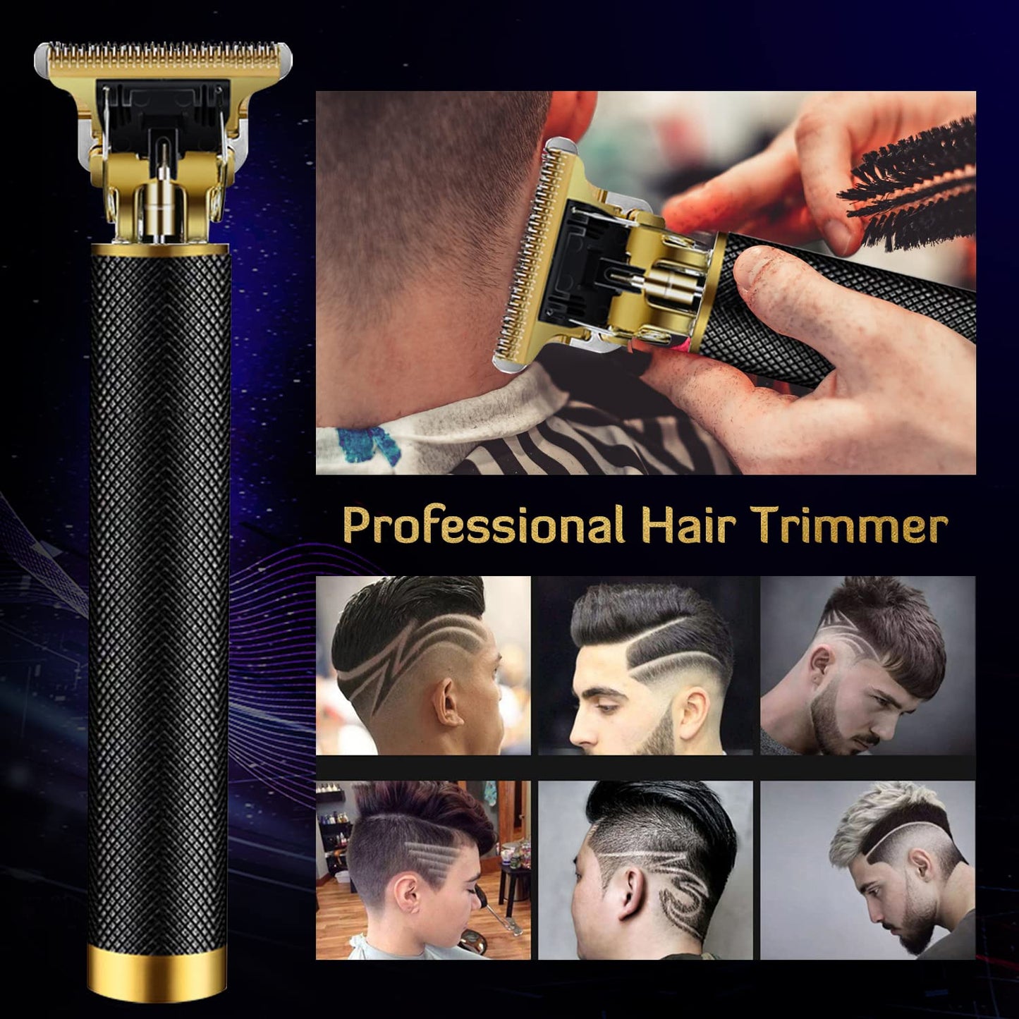 PXLISIE Professional Cordless Hair Clipper and Trimmer for Men, T Blade Zero Gapped Rechargeable Beard Shaver, Hair Cutting Kit With Ear Spoon Tool Set, Black
