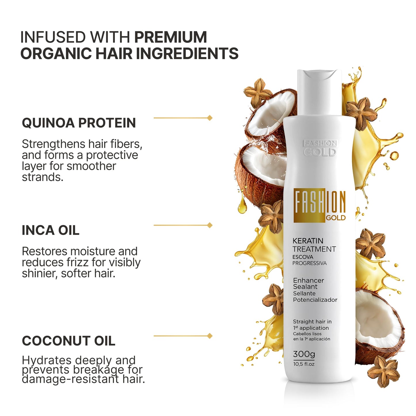 FASHION GOLD, Keratin Hair Treatment, 6 USES per Bottle, Keratina para Alisar el Pelo, Alisado Brasileño Keratina Permanente, Alisados Organicos SIN FORMOL, Nanoplastia, 300 grs