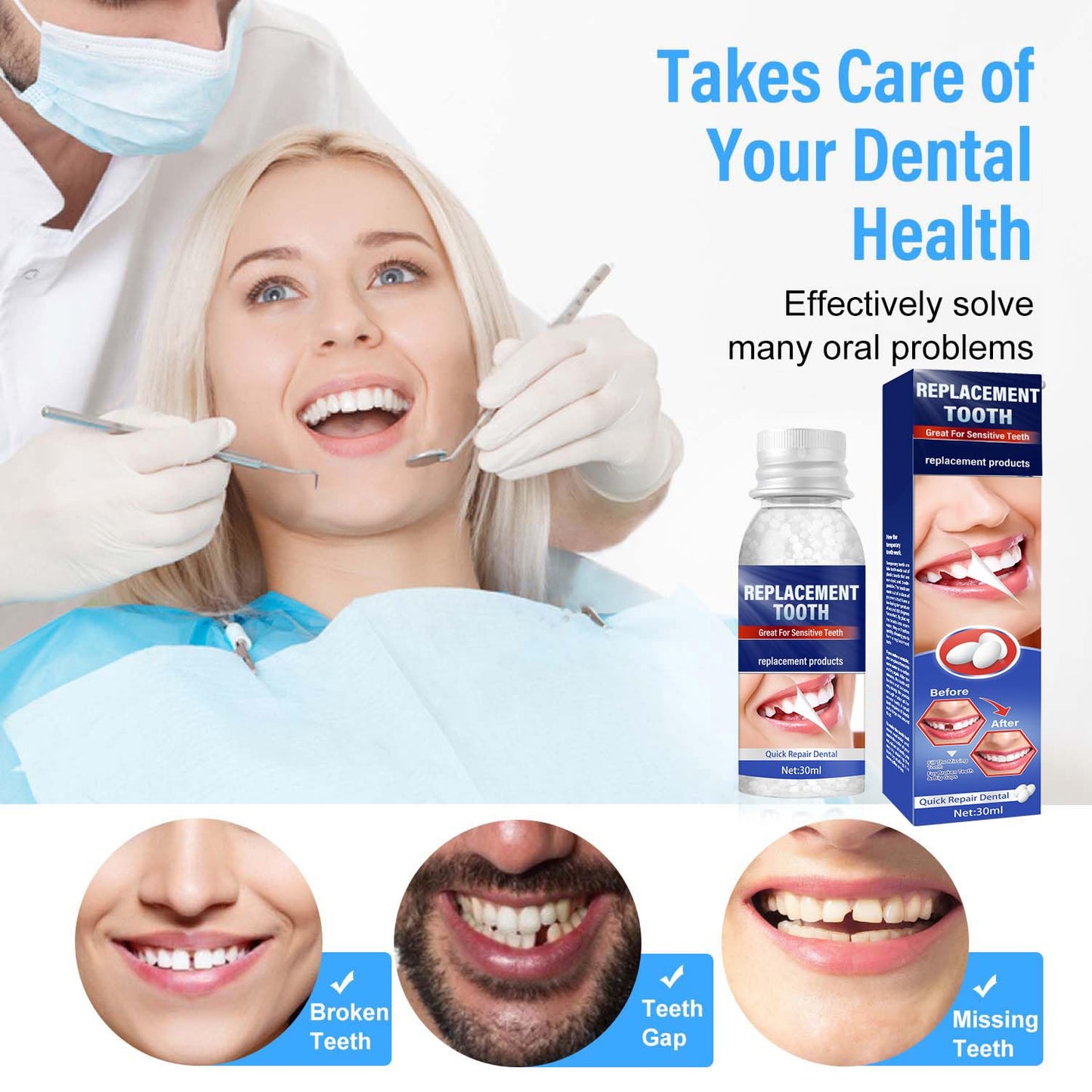 Tooth Repair Kit, Moldable Tooth Filling Repair Kit at Home, Make You Smile Confident Again, 30 ml & 4 Dental Tools