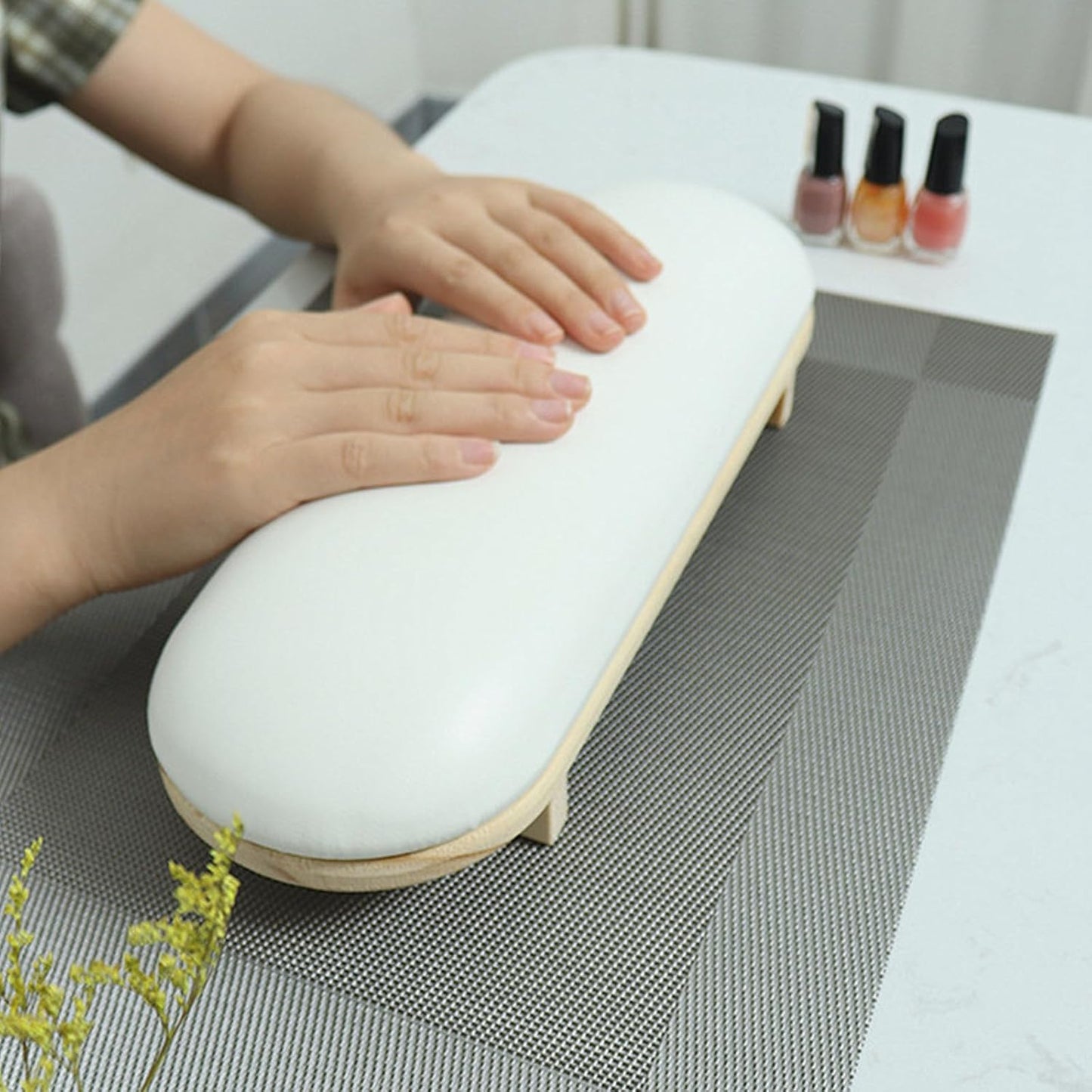 Manicure Hand Rest Pillow - TANG SONG Wooden Nail Stand Cushion for Nail Tables (Cream Yellow)