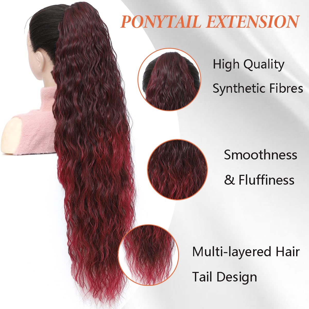 HEVAYO KISS Claw Clip Ponytail Extension 30Inch Omber Burgundy Pony Tails Hair Extensions Long Curly Synthetic Hairpieces for Women