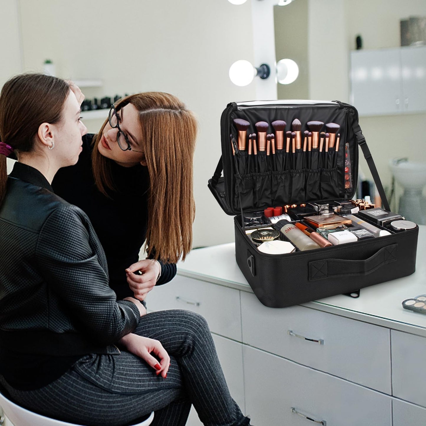 Relavel Portable Travel Makeup Case Organizer with Adjustable Dividers - Black Cosmetic Storage for Brushes, Toiletries & Jewelry