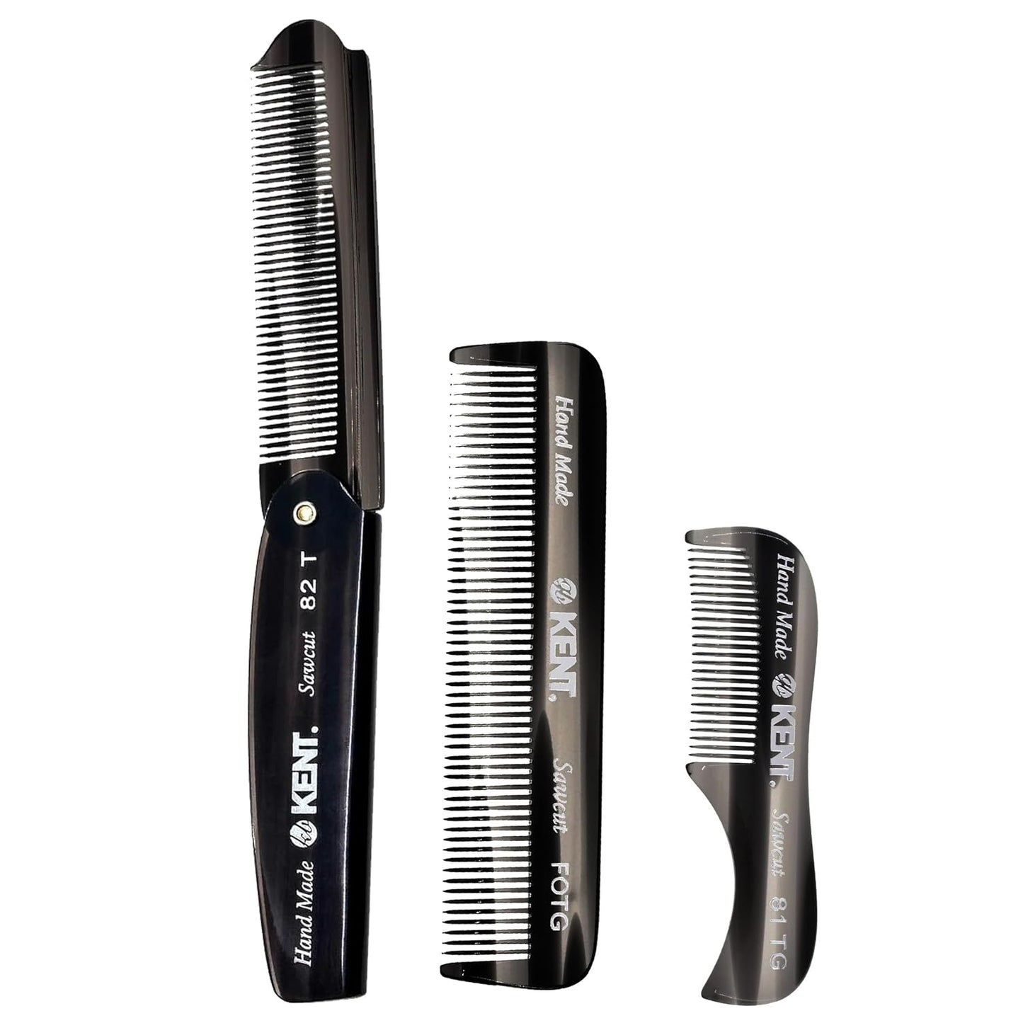 Kent Set Men's Hair Combs - 81T X-Small & 20T Folding Fine Tooth Grooming Kit for Hair, Beard & Mustache - Handmade in England