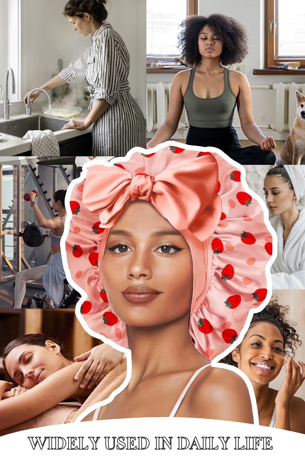 Vettres Hair Bonnet for Sleeping Satin Bonnets Silk Sleep Bonnet Double Layer Satin Bonnet with Tie Strawberries