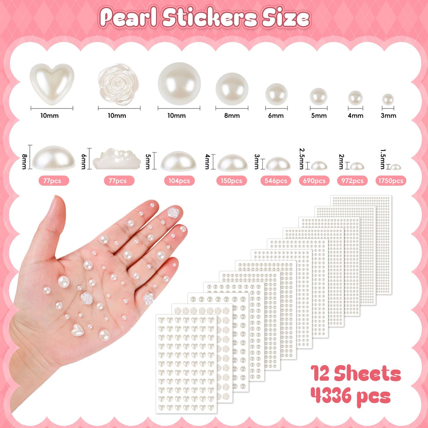 GIFOHAPY 4366 PCS Self Adhesive Pearl Stickers,Pearl Stickers for Crafts Kids,Assorted Sizes & Shape Stick on Pearls for Hair, Face, Makeup, Eye 3mm/4mm/5mm/6mm/8mm/10mm/Rose/Heart Shape
