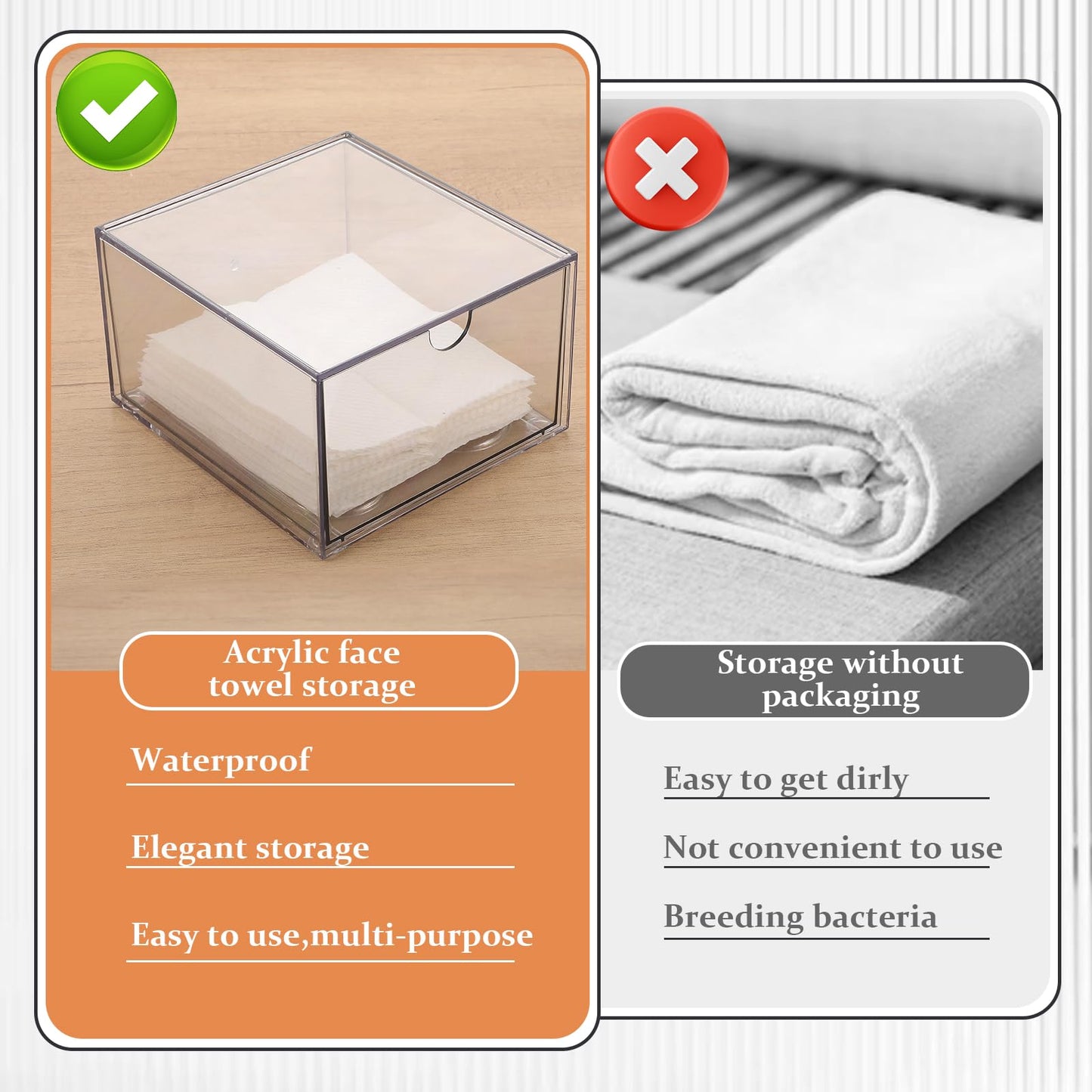 2 Pcs Disposable Face Towel Holder, Face Towel Storage Box Bin, Stackable Clear Makeup Organizer with Drawer for Clean Skin Club Face XL Towels Holder for Vanity Bathroom and Makeup Organization