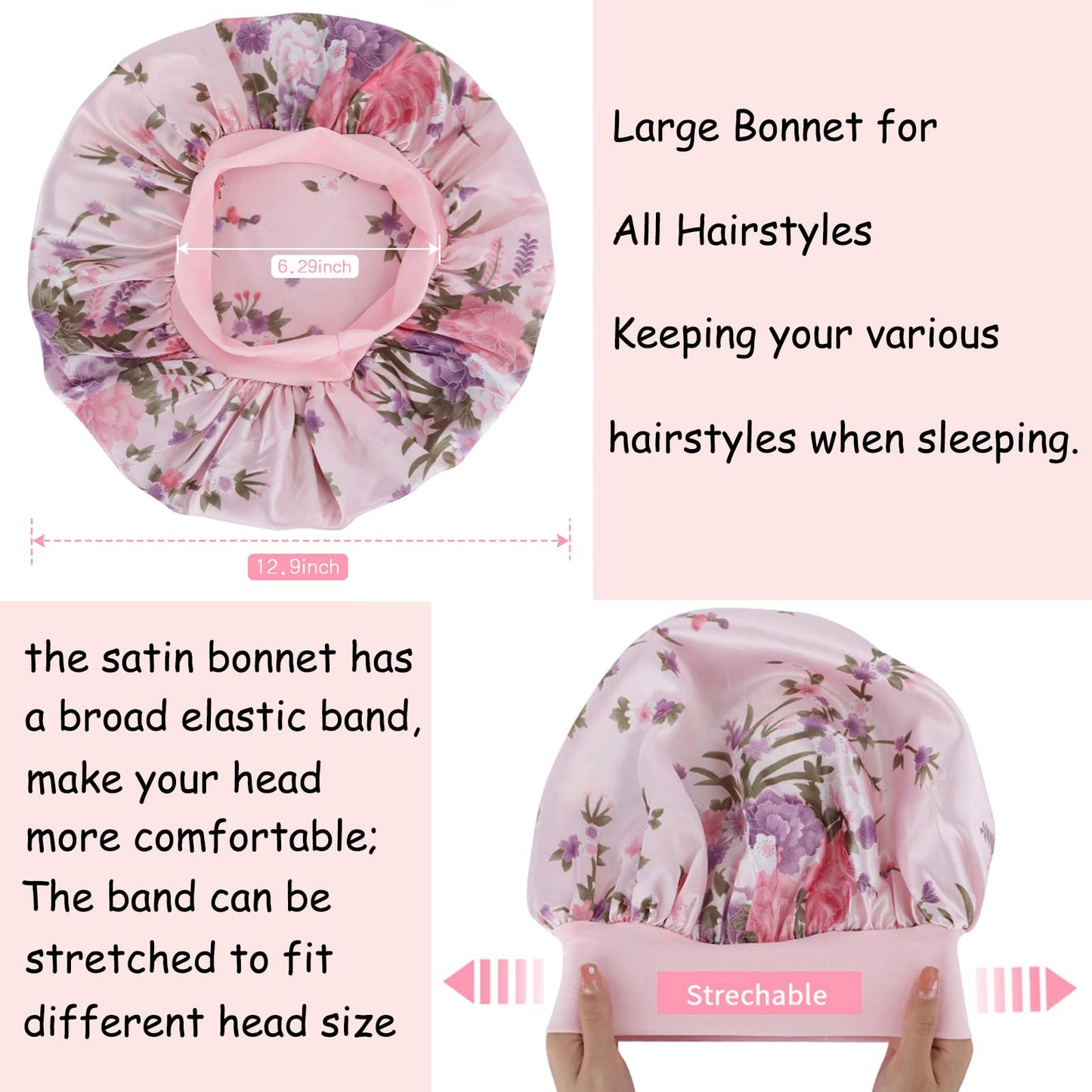 3 Pack Satin Bonnet Silk Hair Bonnet for Sleeping, Sleep Bonnets for Women Large Wide Soft Band Sleep Cap for Curly Hair Braids