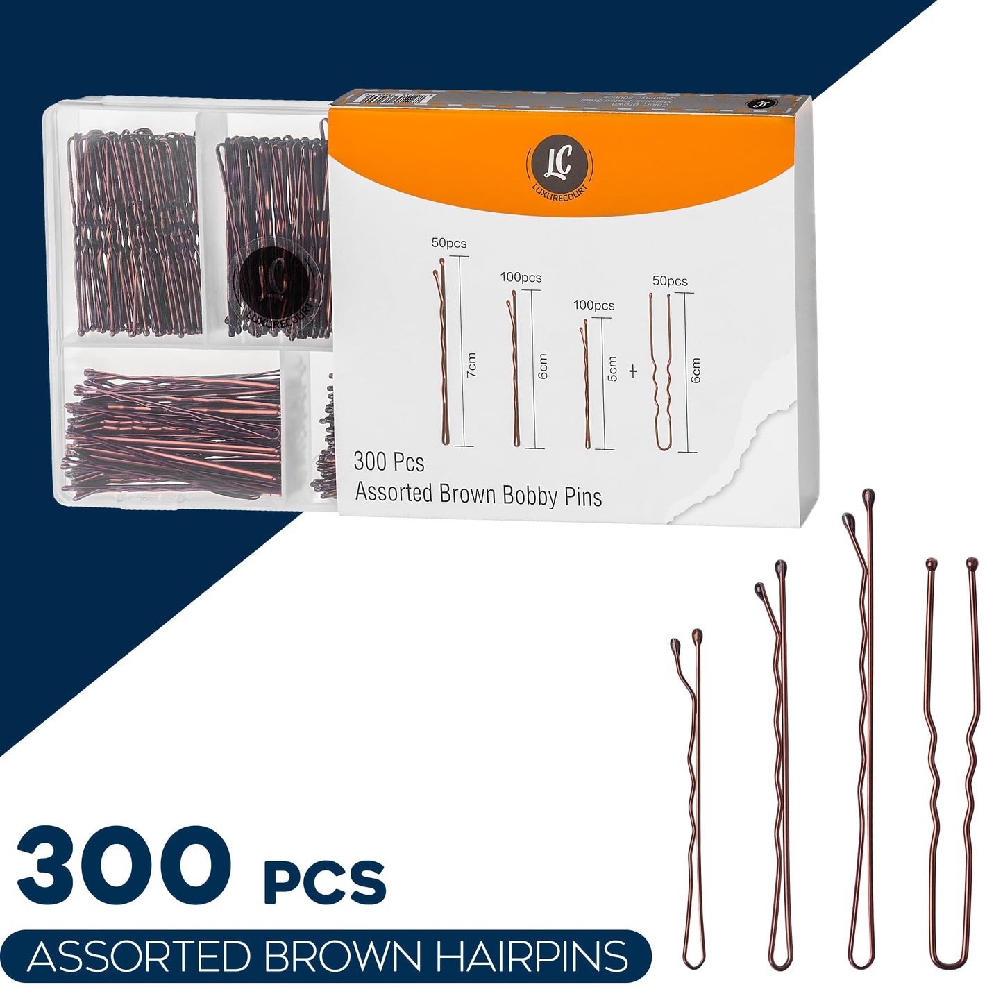 300 Pack Brown Bobby Pins Set by Luxurecourt, 3 Assorted Sizes of Large and Small Premium Bobby Pins + Regular Size U Shaped Hair Pins for Buns, Updo Style - Nonslip with Rounded Ends.