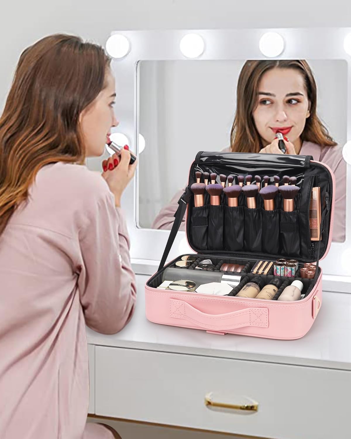 Relavel Portable Travel Makeup Case Organizer with Adjustable Dividers - Black Cosmetic Storage for Brushes, Toiletries & Jewelry