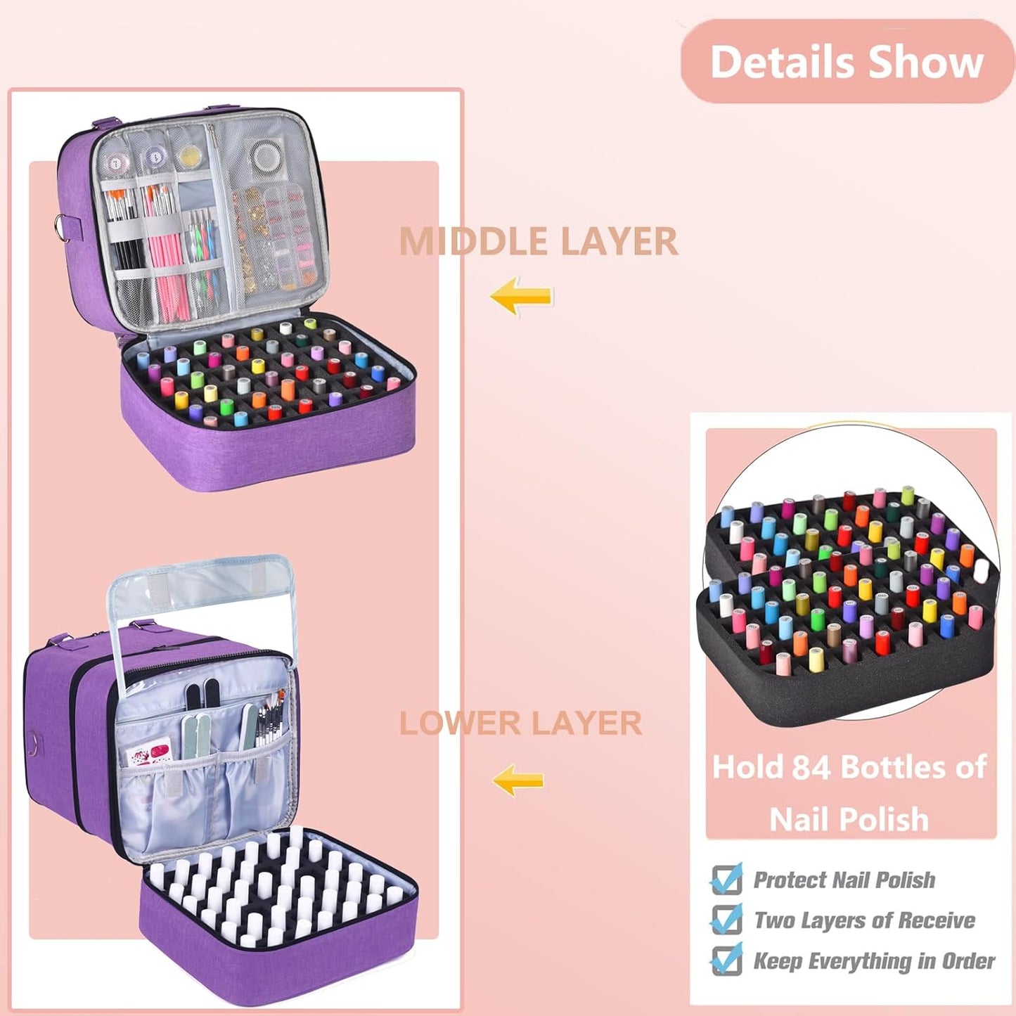 Nail Polish Organizer Bag with Travel Case for 30+ Bottles & Nail Lamp - Purple