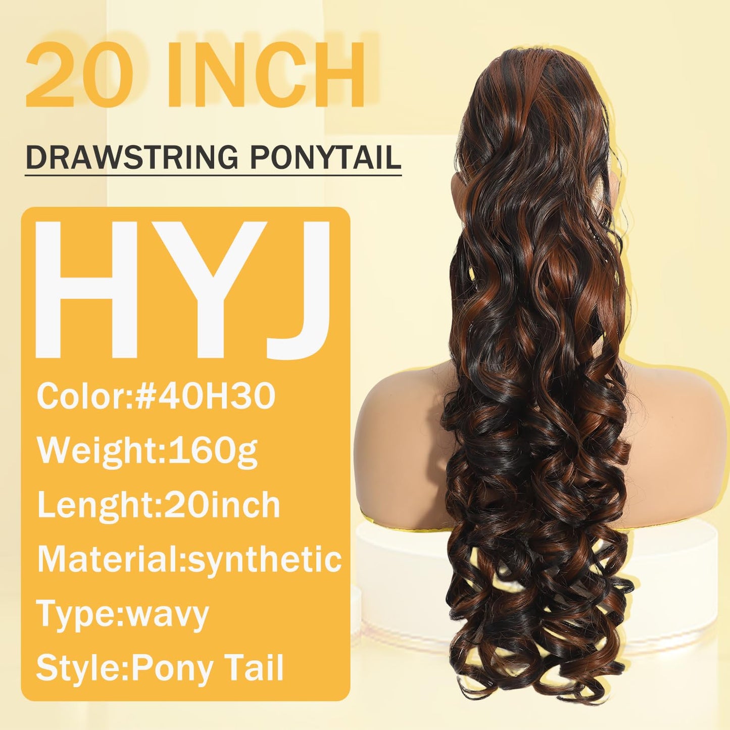 HYJ Ponytail Extension 20 Inch Curly Ponytails Drawstring Ponytail for Women Black Pony Tails Hair Extensions Synthetic Hairpiece for Daily Use(40h/30)