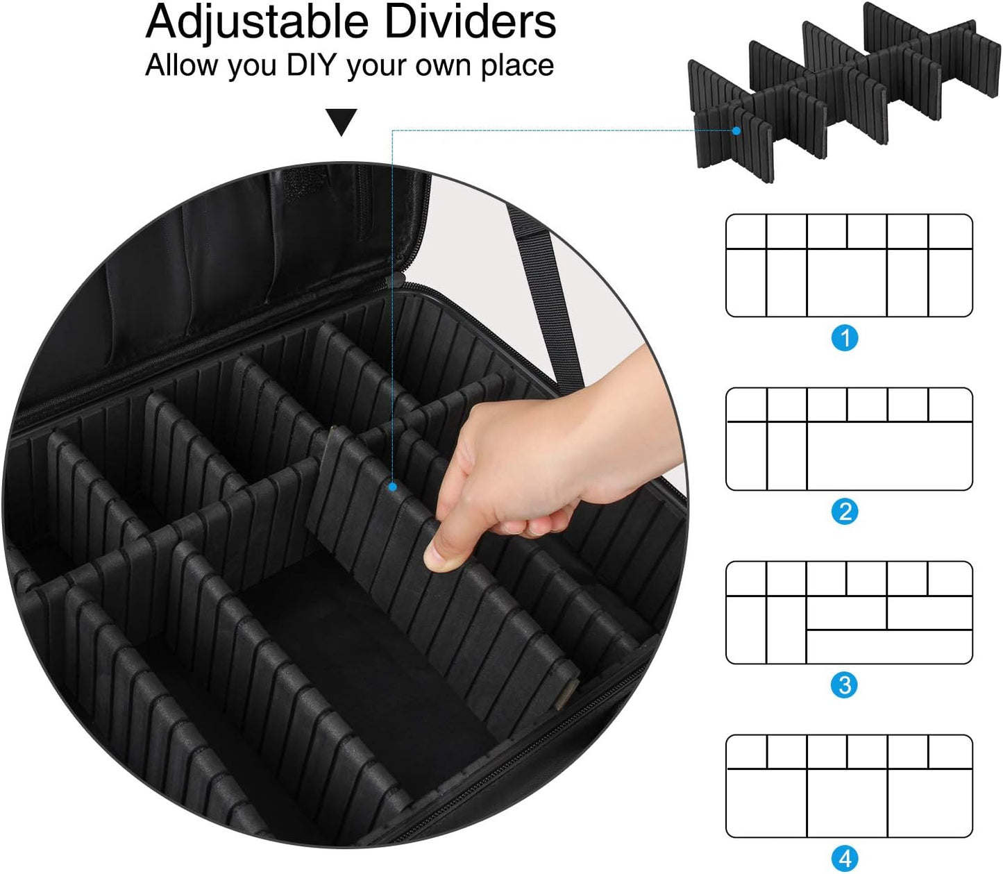 Relavel Portable Travel Makeup Case Organizer with Adjustable Dividers - Black Cosmetic Storage for Brushes, Toiletries & Jewelry