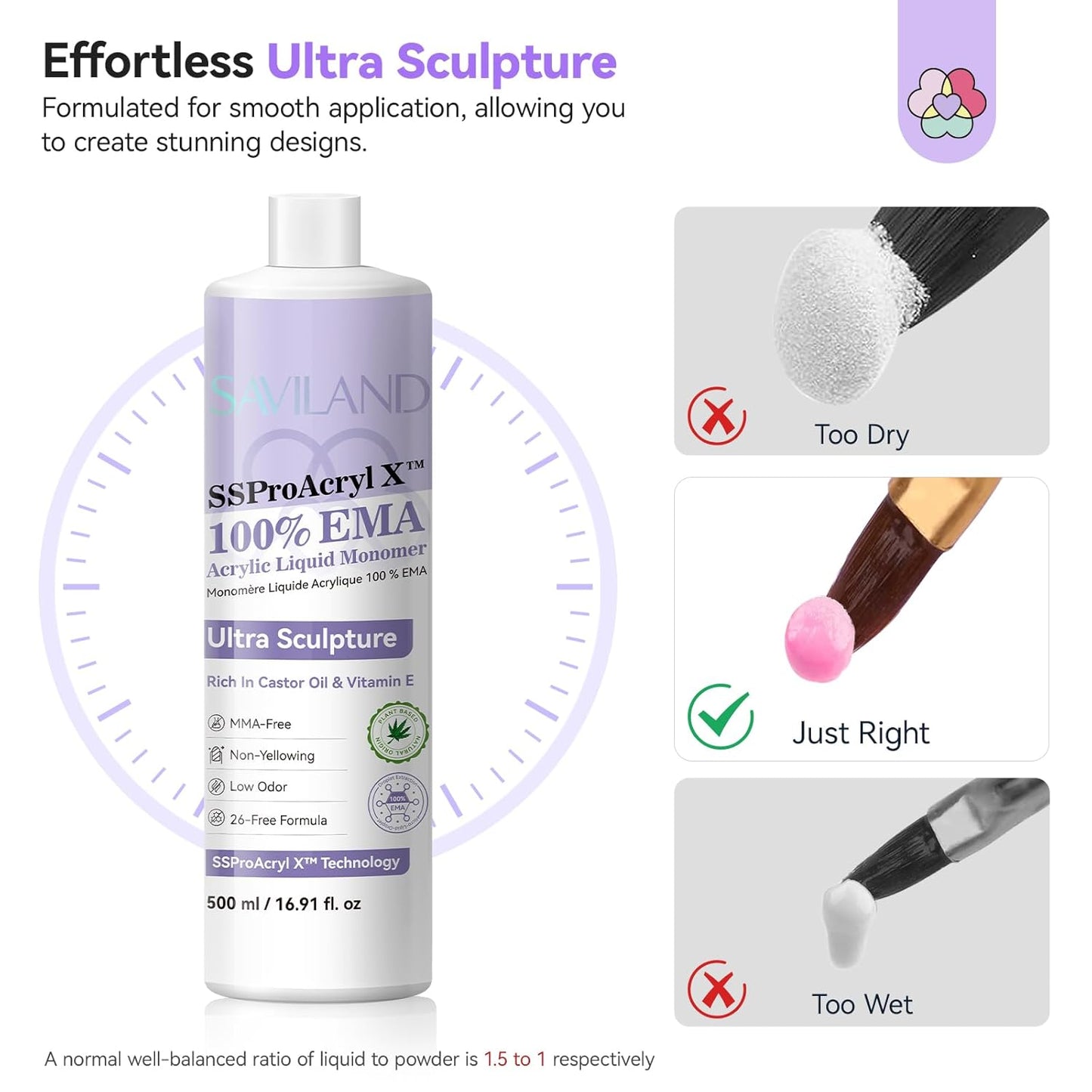 Low Odor Acrylic Nail Monomer - SAVILAND SSPro X Pure EMA, 500ml for DIY Nail Extensions