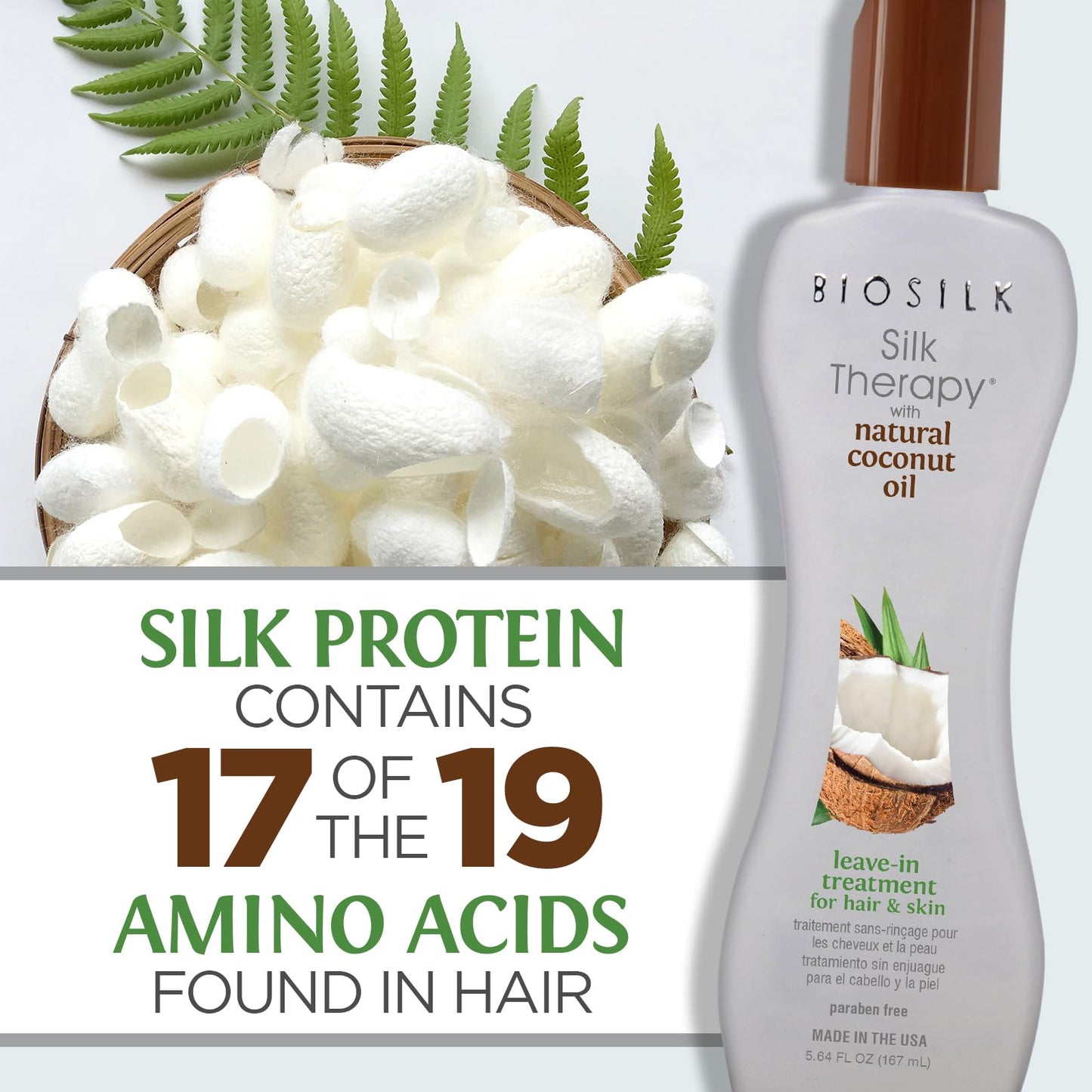 Biosilk Silk Therapy with Natural Coconut Oil Leave-In Treatment, Helps Control Frizz & Flyaways, Sulfate, Paraben & Cruelty-Free, 5.64 Oz