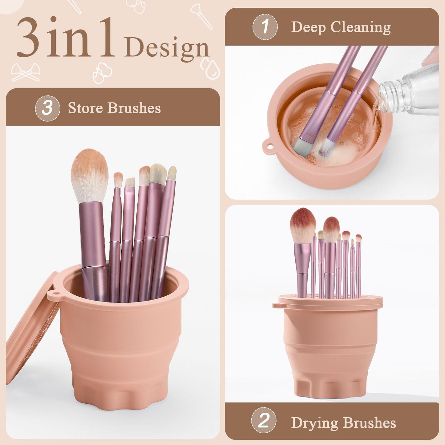 WantGor Makeup Brush Cleaner Mat with Brush Storage Holder, 3 in 1 Foldable Silicone Bowl Cosmetic Brushes Cleaning Pads Tool for Makeup Brush, Makeup Sponge, Powder Puff (Khaki)