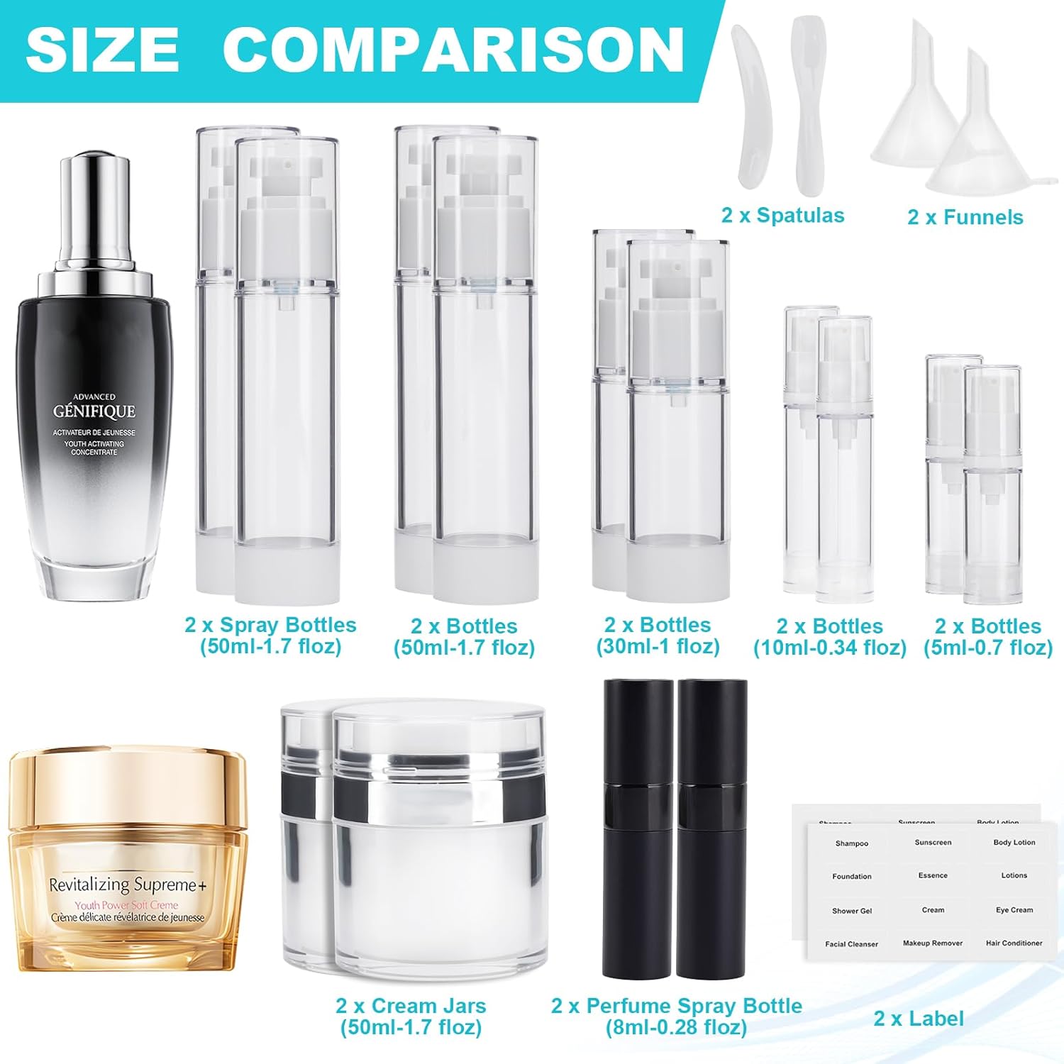 20 Pack Travel Pump Jars & Atomizer Spray Bottles - Leak Proof Cosmetic Containers for Shampoo, Lotion, Essential Oils