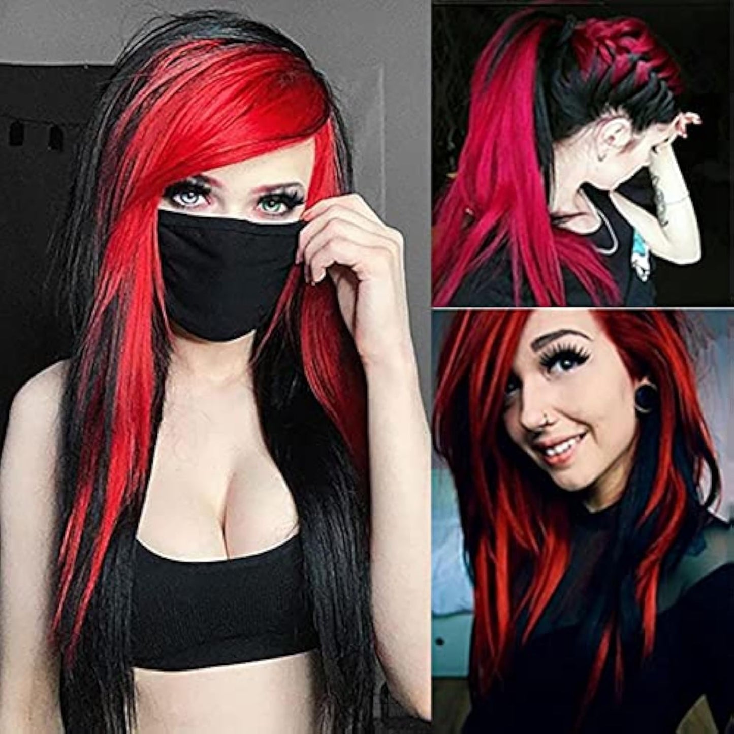 Silky Straight Long Red Black Wig with Side Bangs - Heat Resistant Synthetic Hair for Halloween