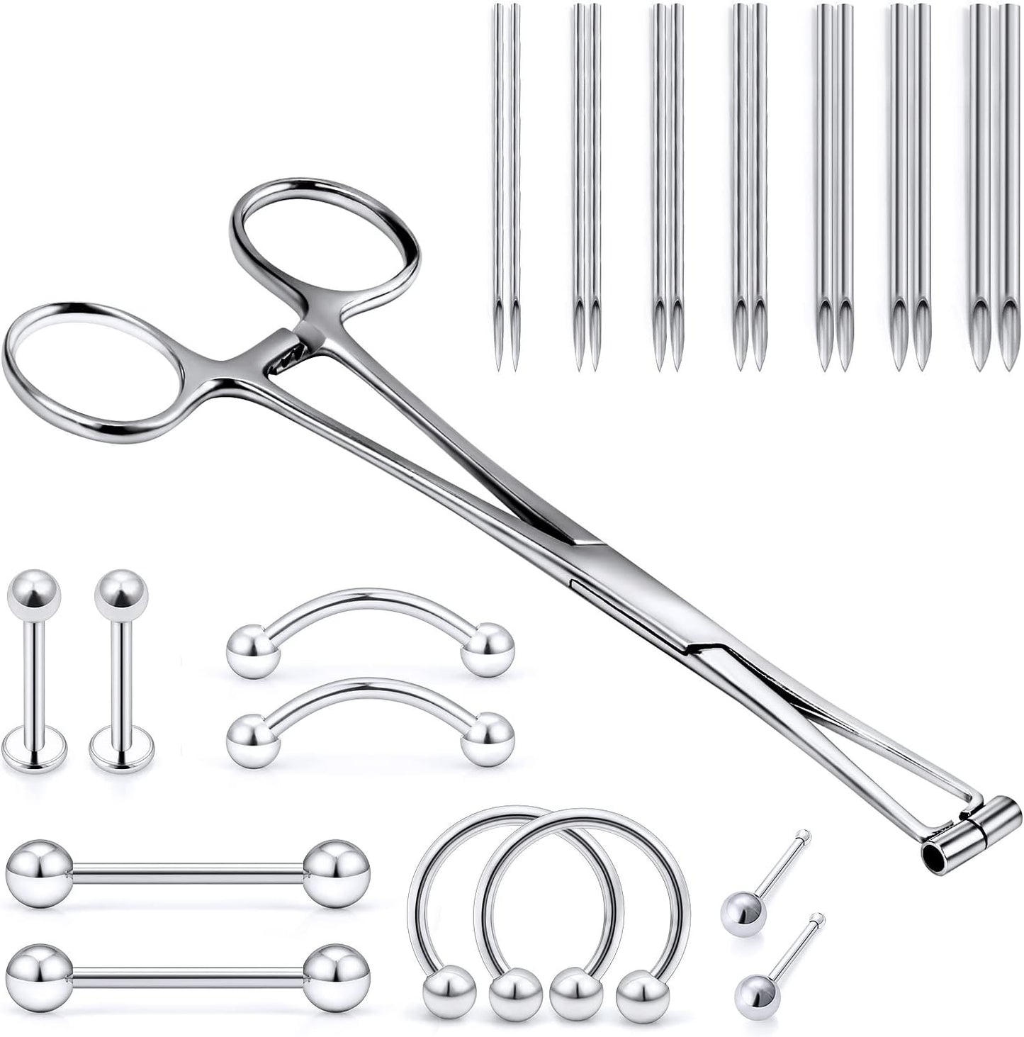 316L Surgical Steel Body Piercing Tools Kit - 9 Styles for Nose, Septum, Lip, Tongue & More