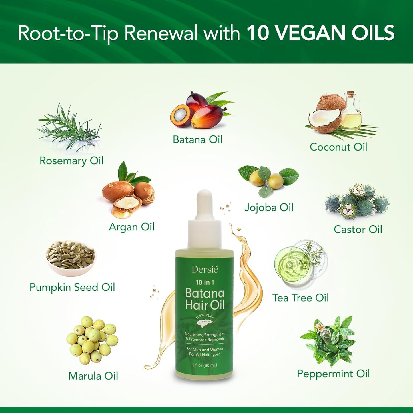 Hair Growth Oil - 10-in-1 Veganic Treatment with Batana & Rosemary for Thinning Hair - 2 fl oz