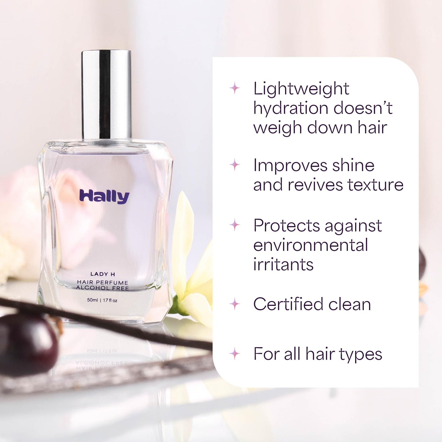 Hally Lady H Hair & Body Perfume - Alcohol Free, Non Toxic Cherry, Vanilla & Jasmine Fragrance - Long Lasting Fragrance Mist - Shine-Enhancing & Hydrating Spray in Elegant Glass Bottle – 50ml